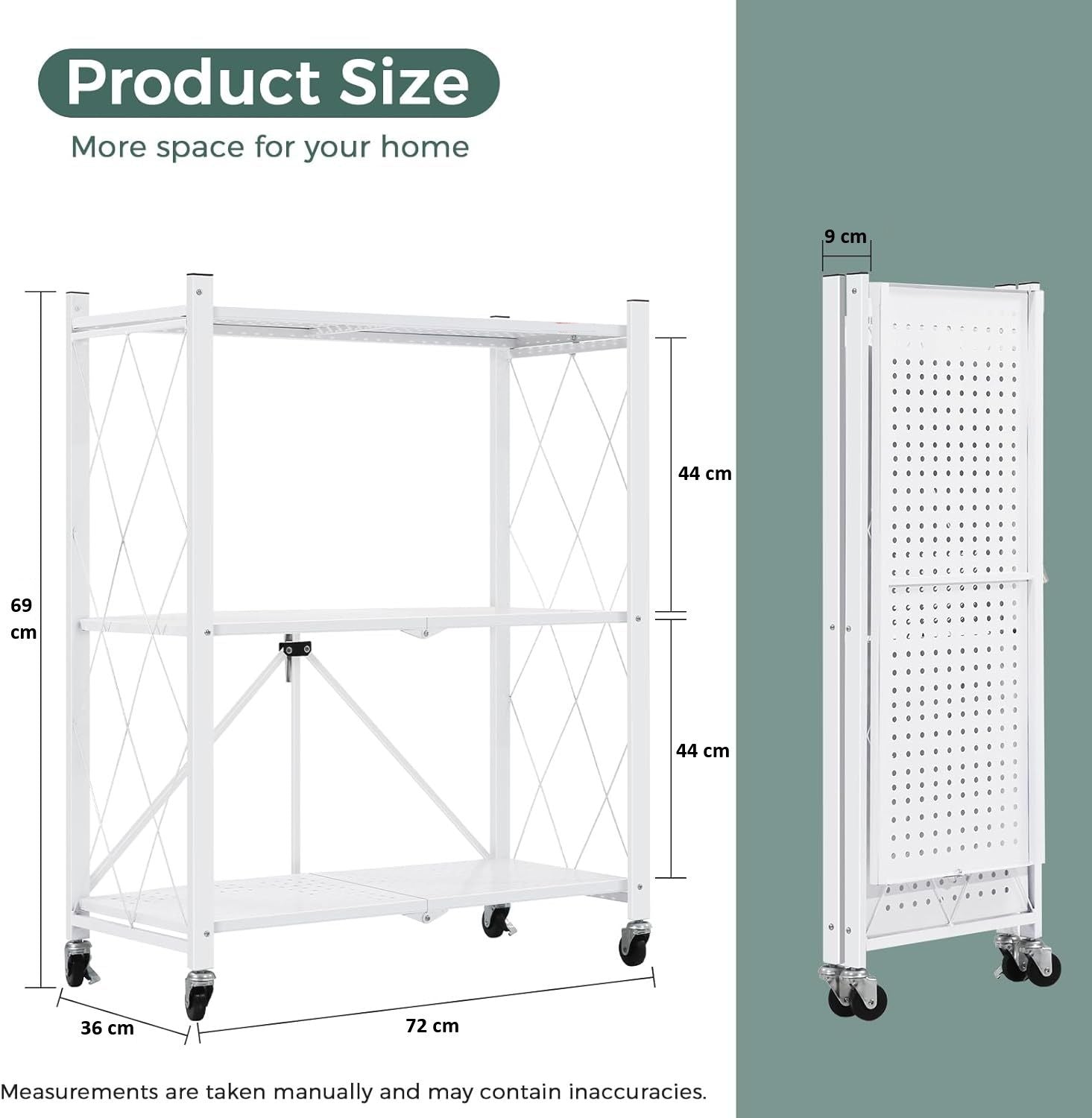 Kitchen & Dining Trolleys: CARLA HOME 3-Tier Foldable Storage Shelf with Wheels for Kitchen, Garage, Pantry or Basement (White)
