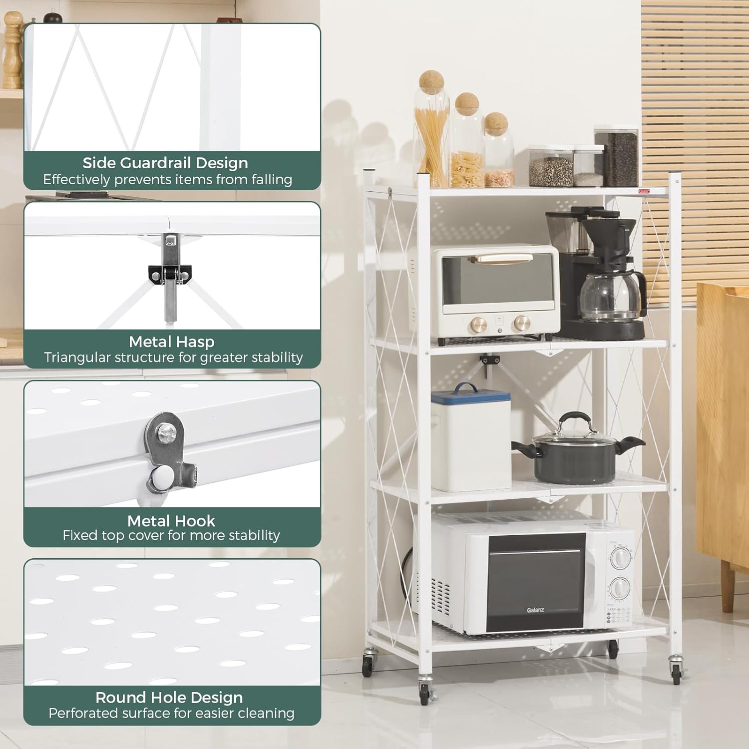 Kitchen & Dining Trolleys: CARLA HOME 3-Tier Foldable Storage Shelf with Wheels for Kitchen, Garage, Pantry or Basement (White)