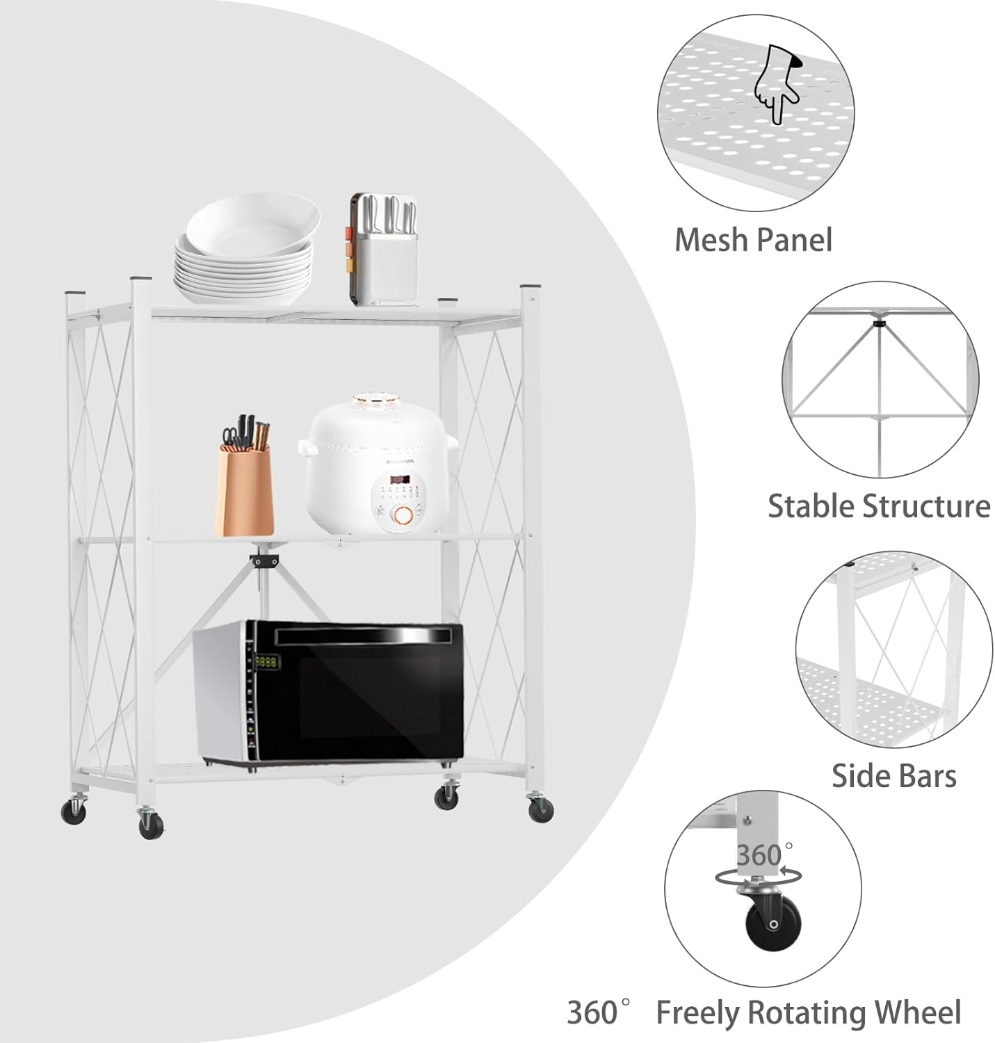 Kitchen & Dining Trolleys: CARLA HOME 3-Tier Foldable Storage Shelf with Wheels for Kitchen, Garage, Pantry or Basement (White)