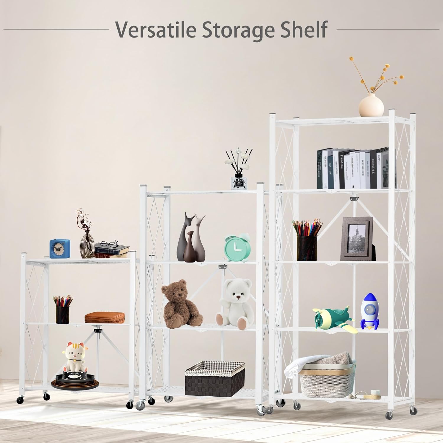 Kitchen & Dining Trolleys: CARLA HOME 3-Tier Foldable Storage Shelf with Wheels for Kitchen, Garage, Pantry or Basement (White)