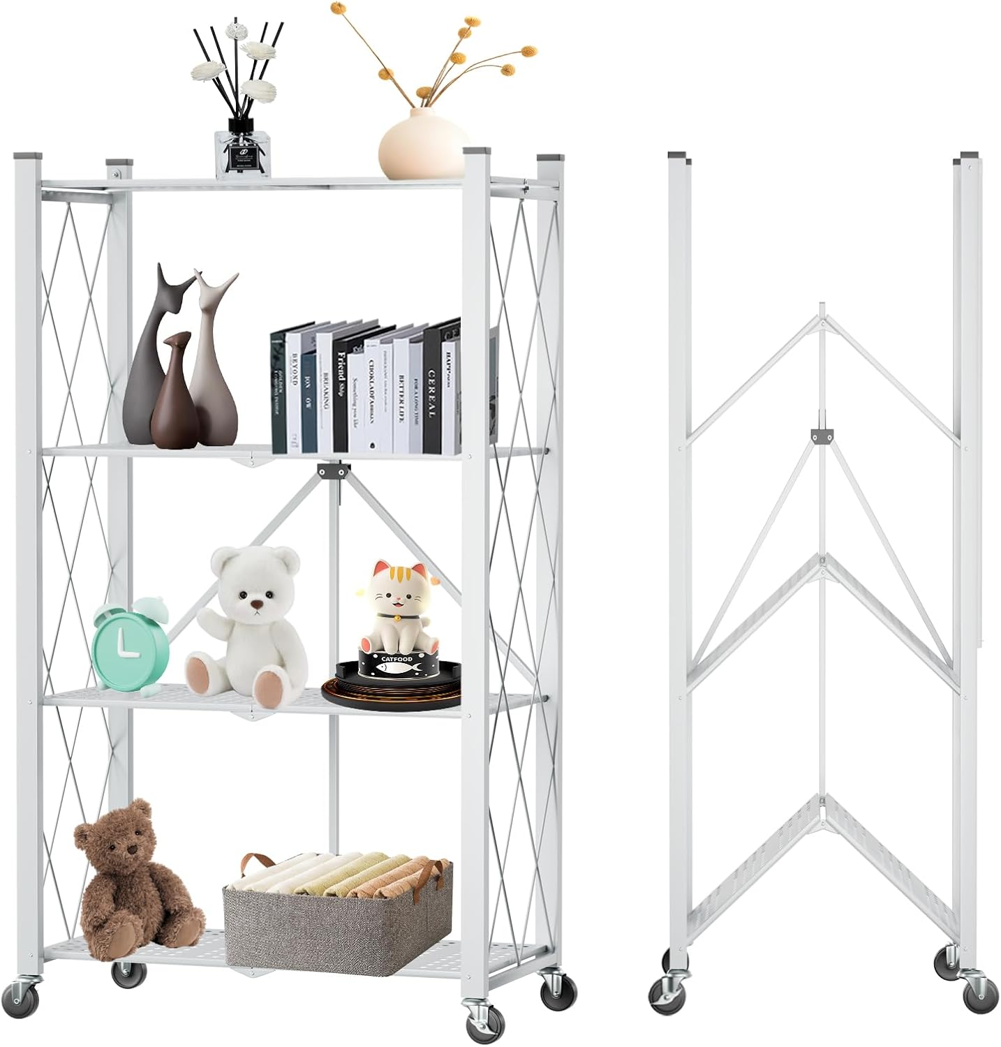 Kitchen & Dining Trolleys: CARLA HOME 4-Tier Foldable Storage Shelf with Wheels for Kitchen, Garage, Pantry or Basement (White)