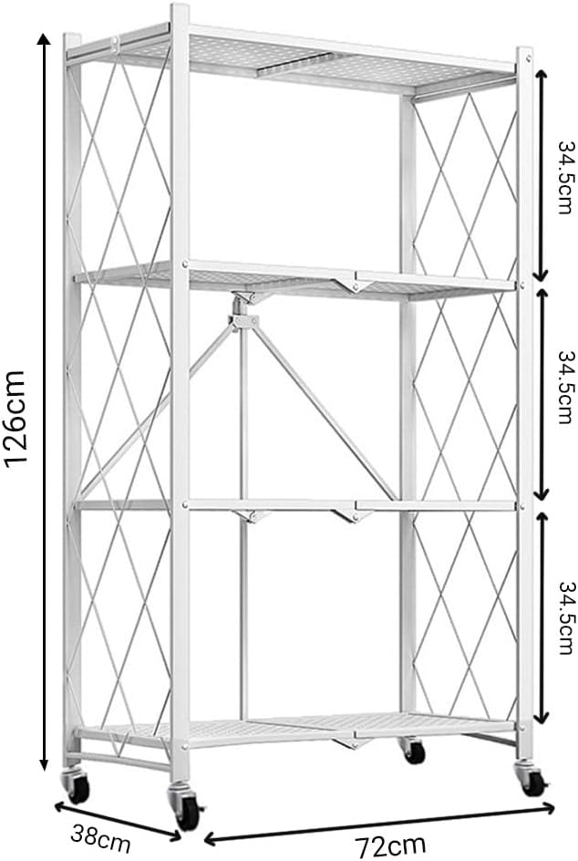 Kitchen & Dining Trolleys: CARLA HOME 4-Tier Foldable Storage Shelf with Wheels for Kitchen, Garage, Pantry or Basement (White)