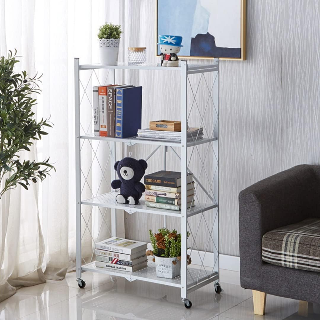 Kitchen & Dining Trolleys: CARLA HOME 4-Tier Foldable Storage Shelf with Wheels for Kitchen, Garage, Pantry or Basement (White)