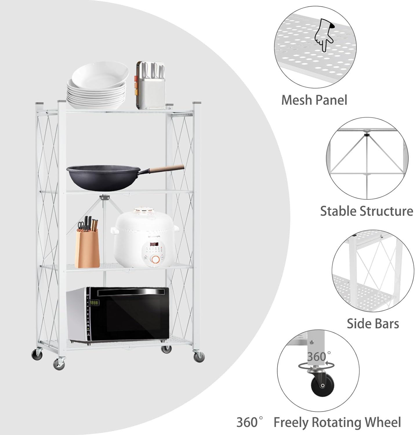 Kitchen & Dining Trolleys: CARLA HOME 4-Tier Foldable Storage Shelf with Wheels for Kitchen, Garage, Pantry or Basement (White)