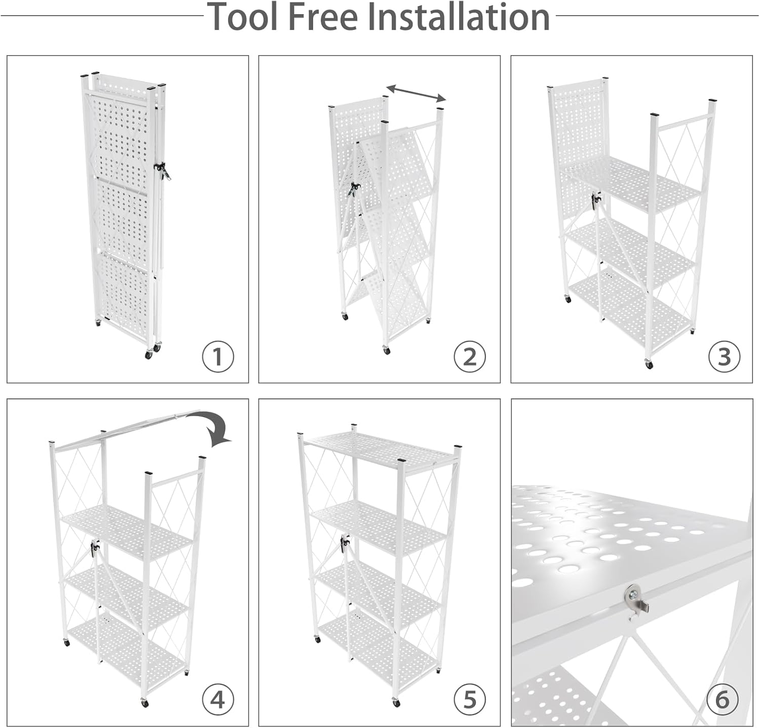 Kitchen & Dining Trolleys: CARLA HOME 4-Tier Foldable Storage Shelf with Wheels for Kitchen, Garage, Pantry or Basement (White)