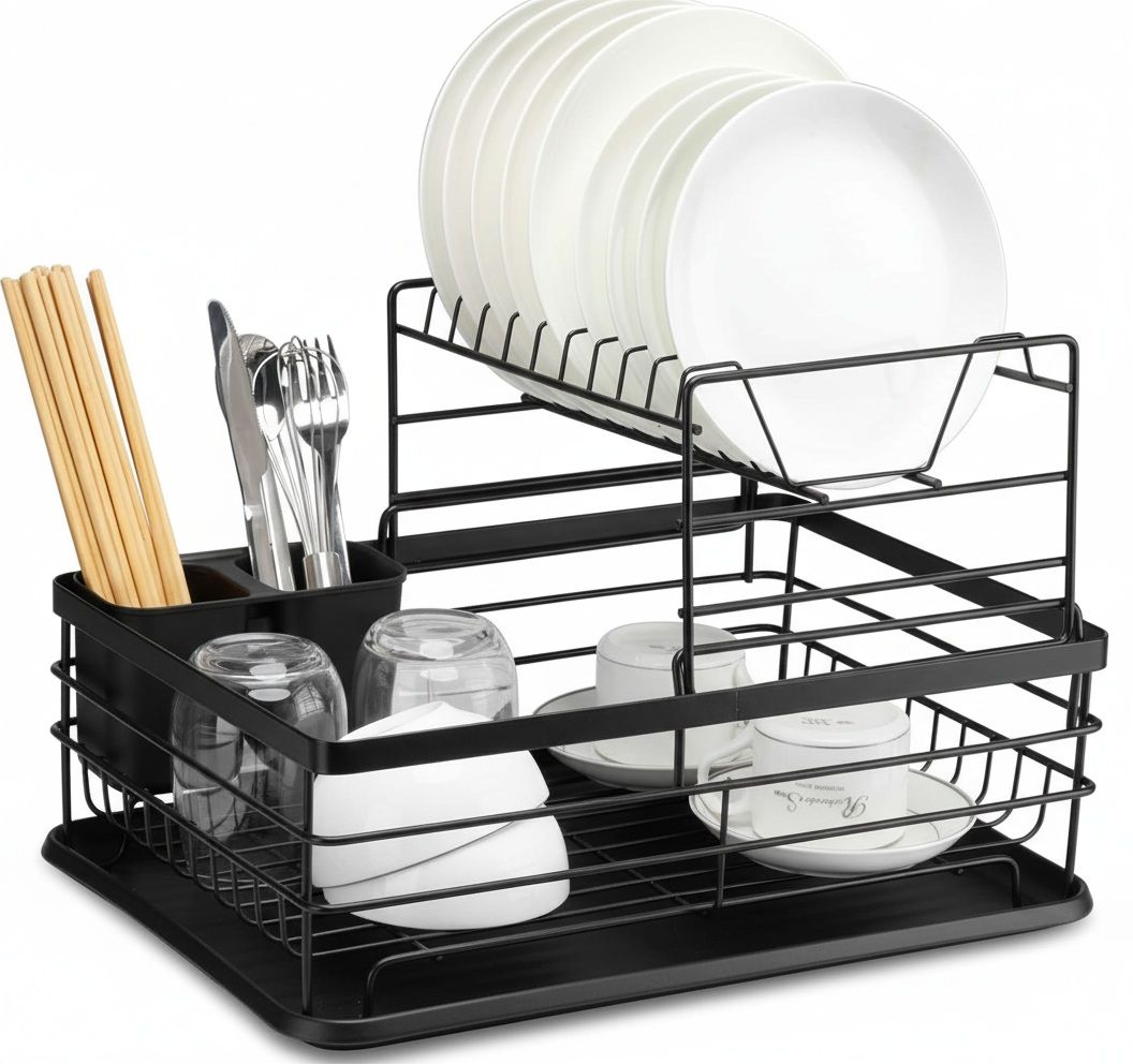Dish Racks: CARLA HOME 2-Tier Dish Drying Rack for Kitchen Counter with Removable Drip Tray, Utensil Holder and Cutlery Organizer (Black)