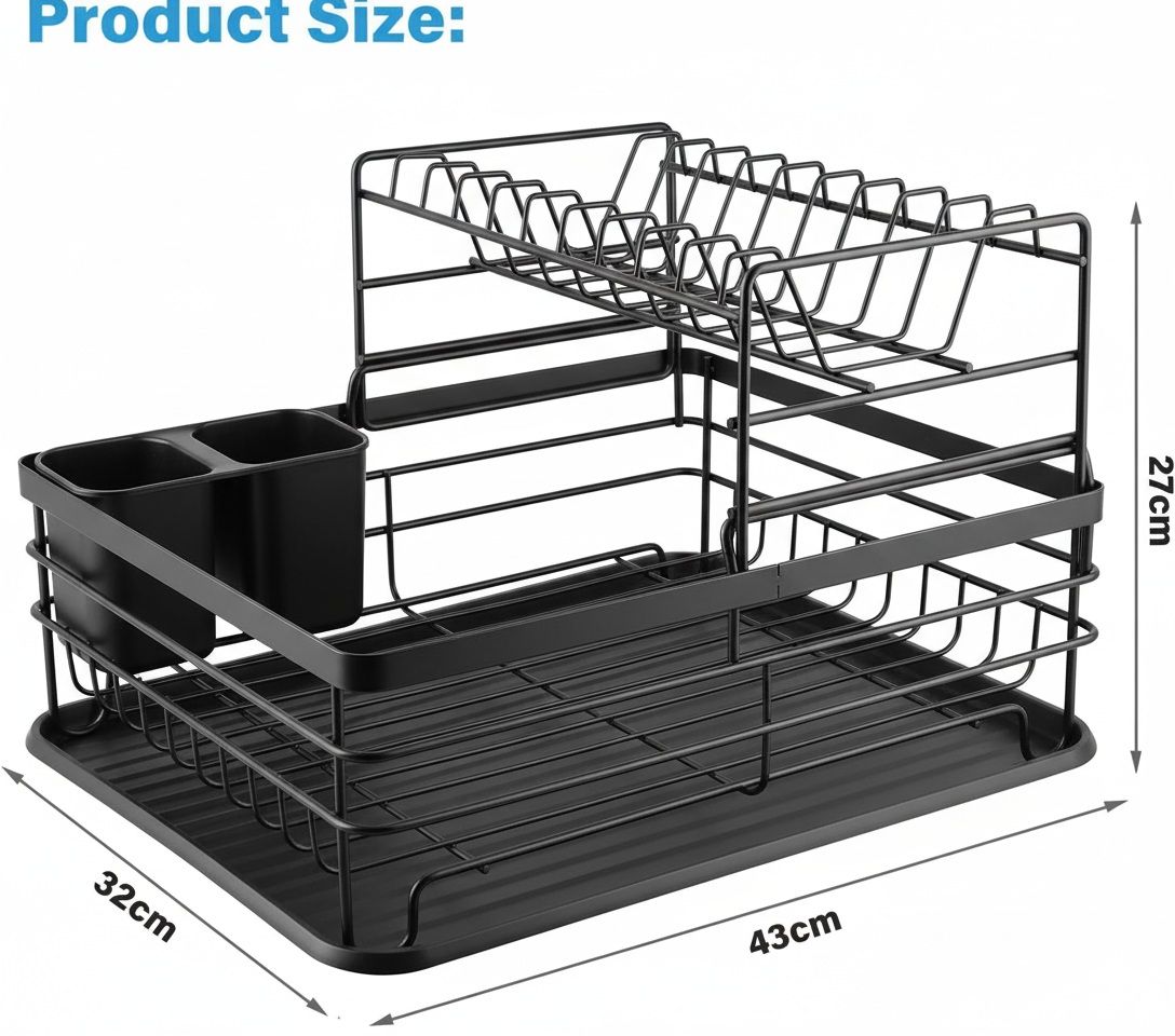 Dish Racks: CARLA HOME 2-Tier Dish Drying Rack for Kitchen Counter with Removable Drip Tray, Utensil Holder and Cutlery Organizer (Black)
