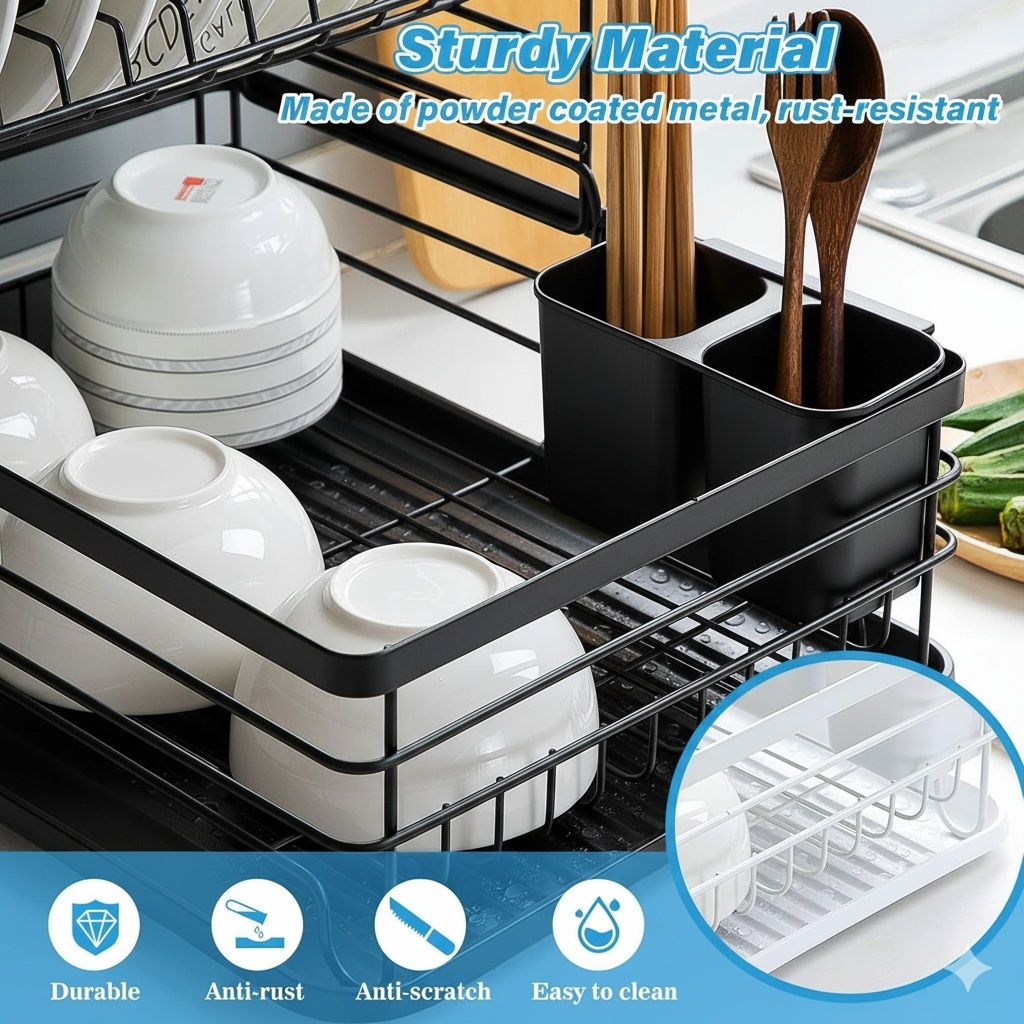 Dish Racks: CARLA HOME 2-Tier Dish Drying Rack for Kitchen Counter with Removable Drip Tray, Utensil Holder and Cutlery Organizer (Black)
