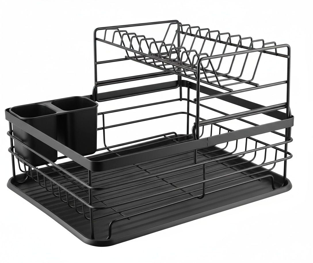 Dish Racks: CARLA HOME 2-Tier Dish Drying Rack for Kitchen Counter with Removable Drip Tray, Utensil Holder and Cutlery Organizer (Black)