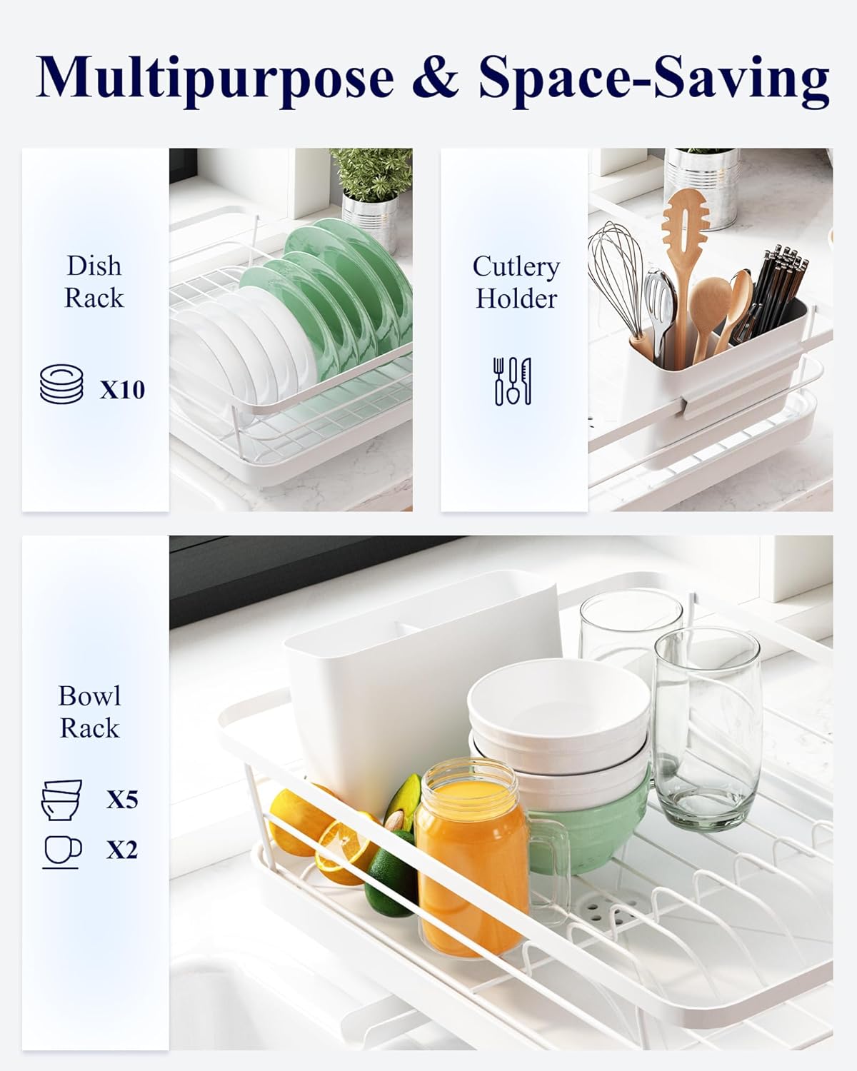Dish Racks: CARLA HOME Dish Drying Rack for Kitchen Counter with Removable Drip Tray, Utensil Holder and Cutlery Organizer