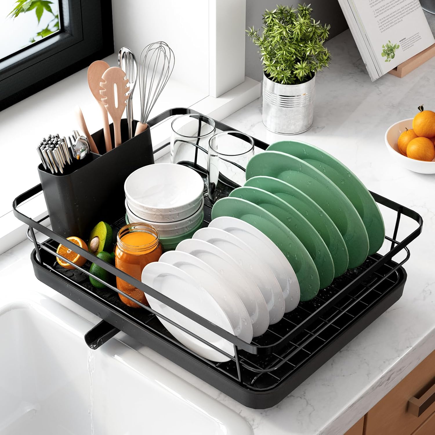 Dish Racks: CARLA HOME Dish Drying Rack for Kitchen Counter with Removable Drip Tray, Utensil Holder and Cutlery Organizer
