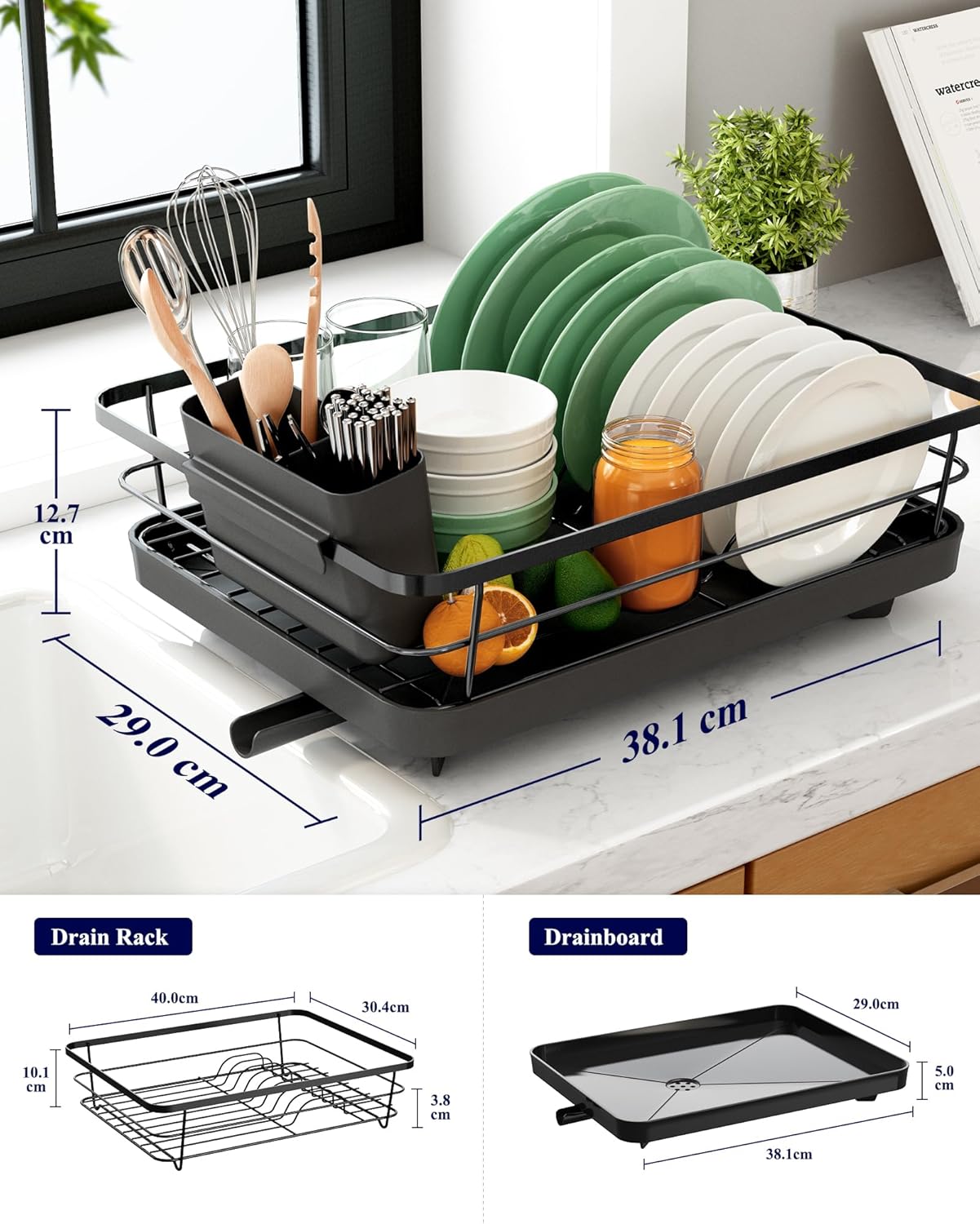 Dish Racks: CARLA HOME Dish Drying Rack for Kitchen Counter with Removable Drip Tray, Utensil Holder and Cutlery Organizer