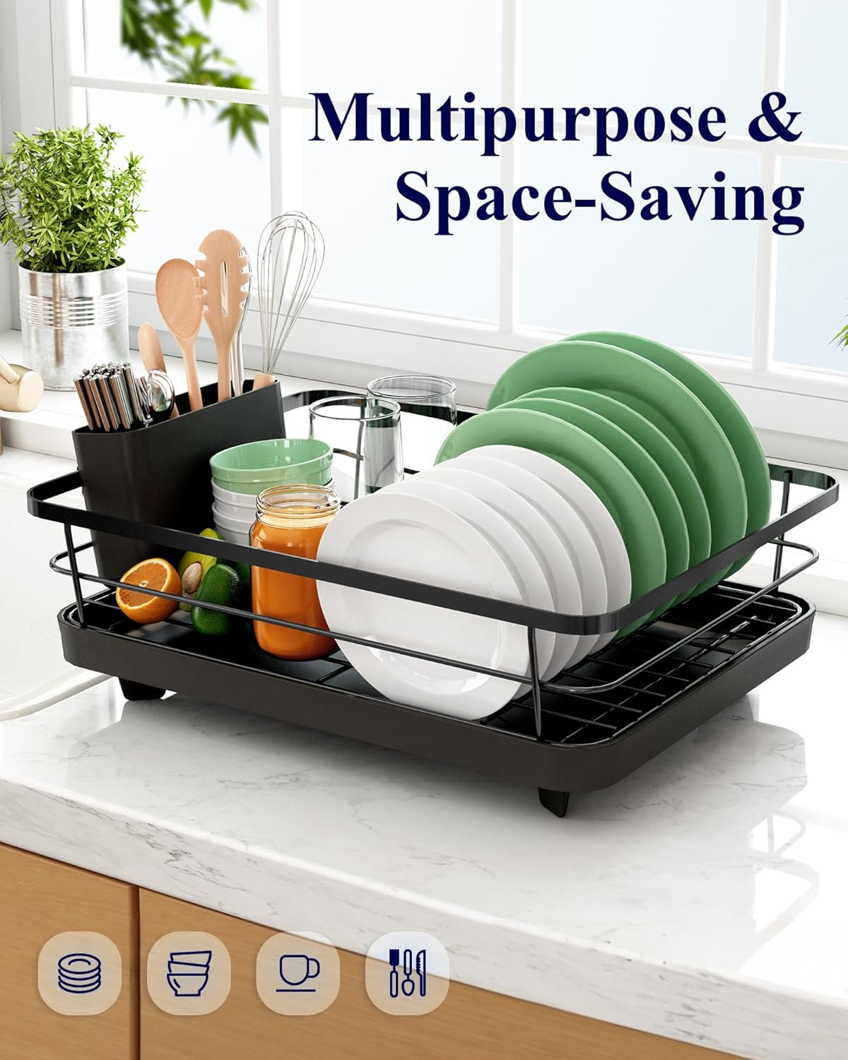Dish Racks: CARLA HOME Dish Drying Rack for Kitchen Counter with Removable Drip Tray, Utensil Holder and Cutlery Organizer