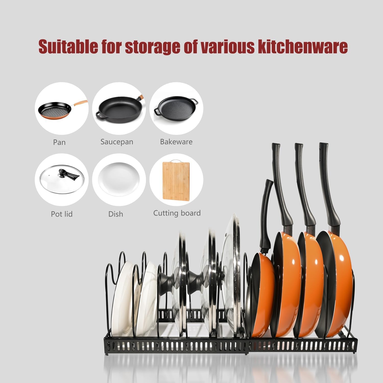 CARLA HOME Expandable Pot and Pan Organizer Rack for Cabinet with 10 Adjustable Dividers, Lid & Cookware Holder for Kitchen Pantry or Countertop Storage