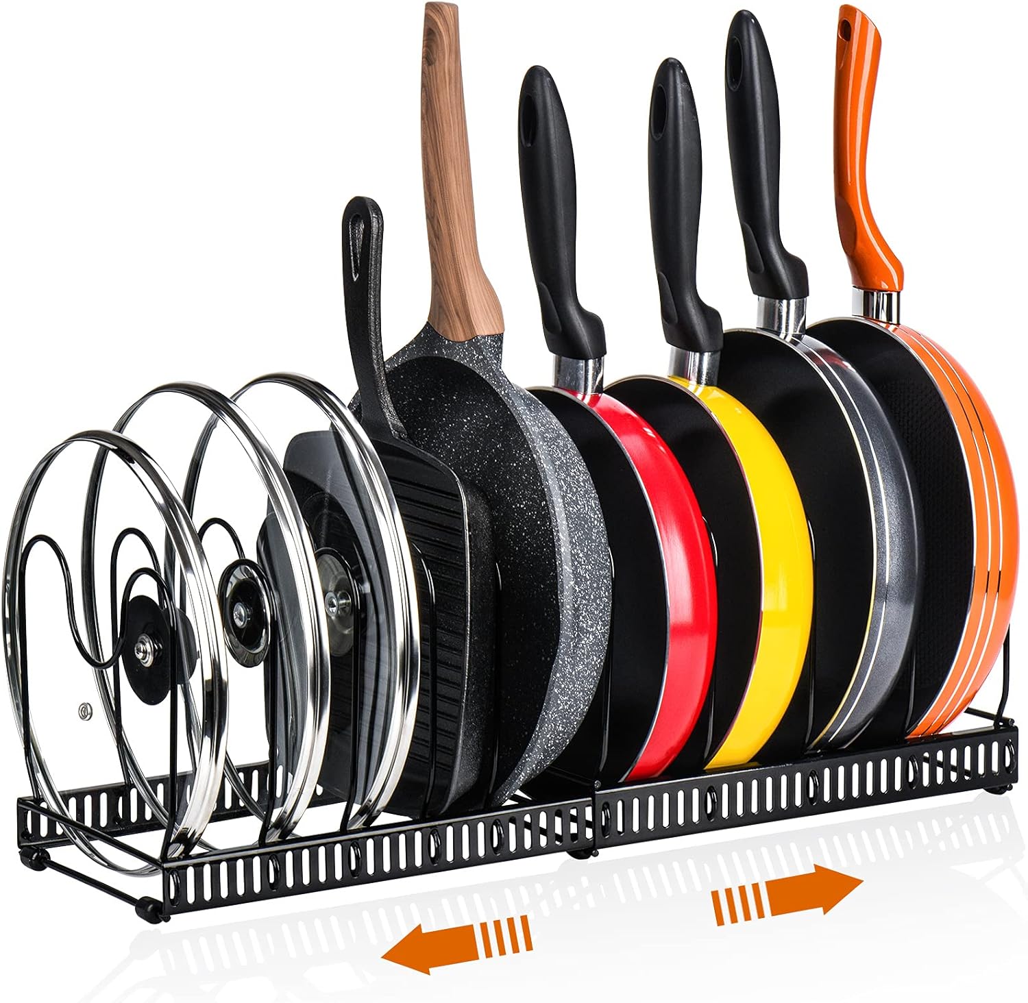 CARLA HOME Expandable Pot and Pan Organizer Rack for Cabinet with 10 Adjustable Dividers, Lid & Cookware Holder for Kitchen Pantry or Countertop Storage