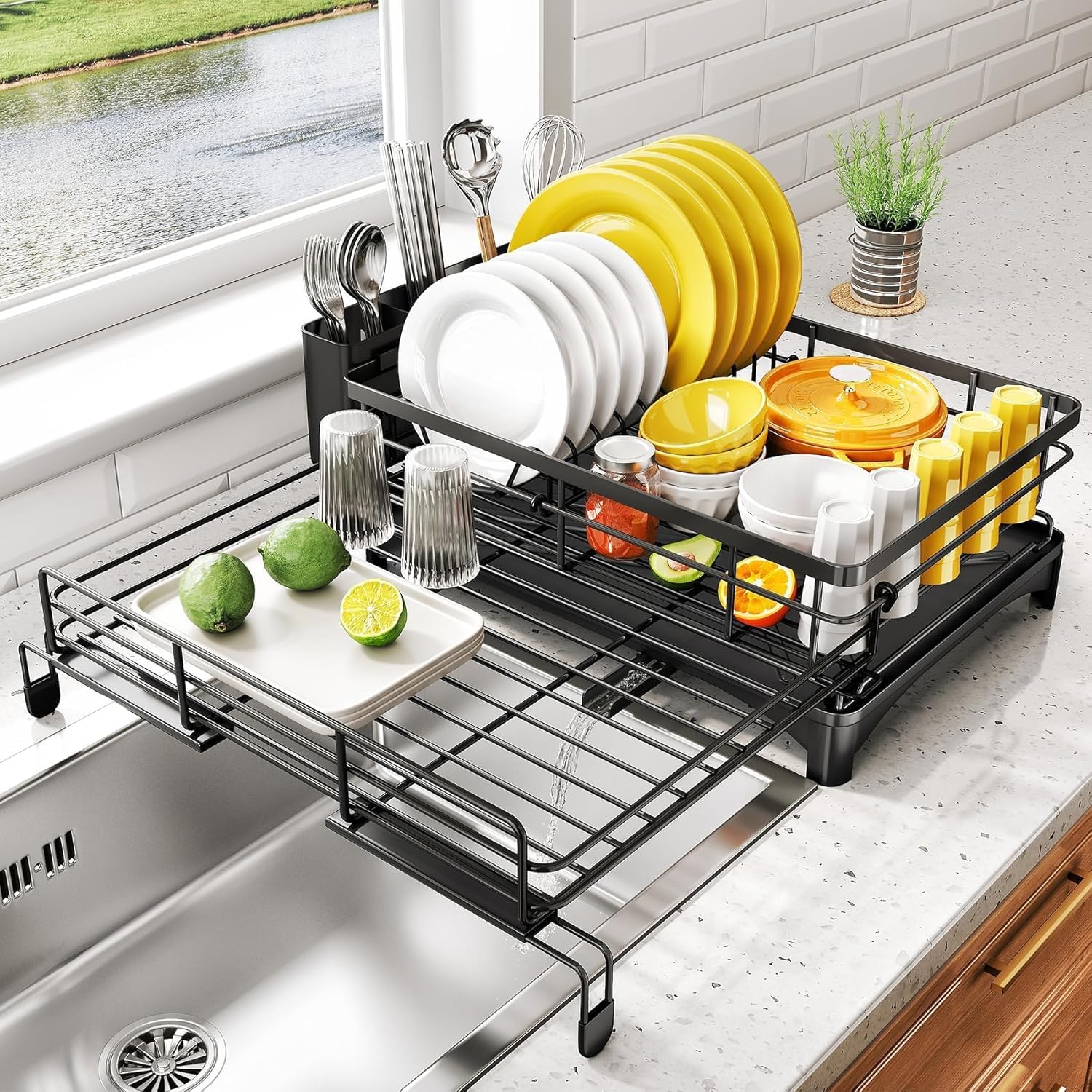 Dish Racks: CARLA HOME Expandable Dish Drying Rack with Drainage Spout, Utensil Holder & Drainboardfor Kitchen Countertop Organizer (1 tier)