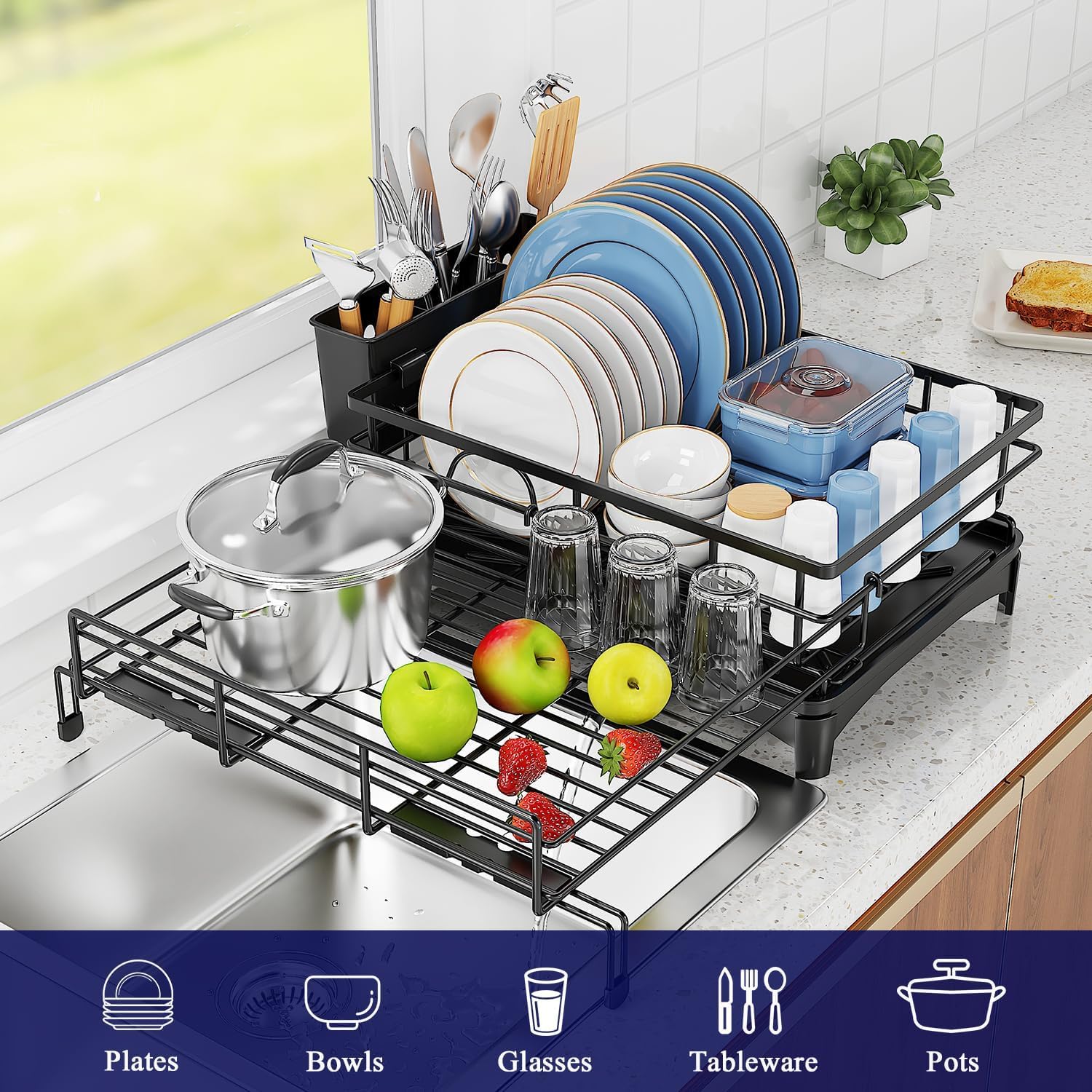 Dish Racks: CARLA HOME Expandable Dish Drying Rack with Drainage Spout, Utensil Holder & Drainboardfor Kitchen Countertop Organizer (1 tier)