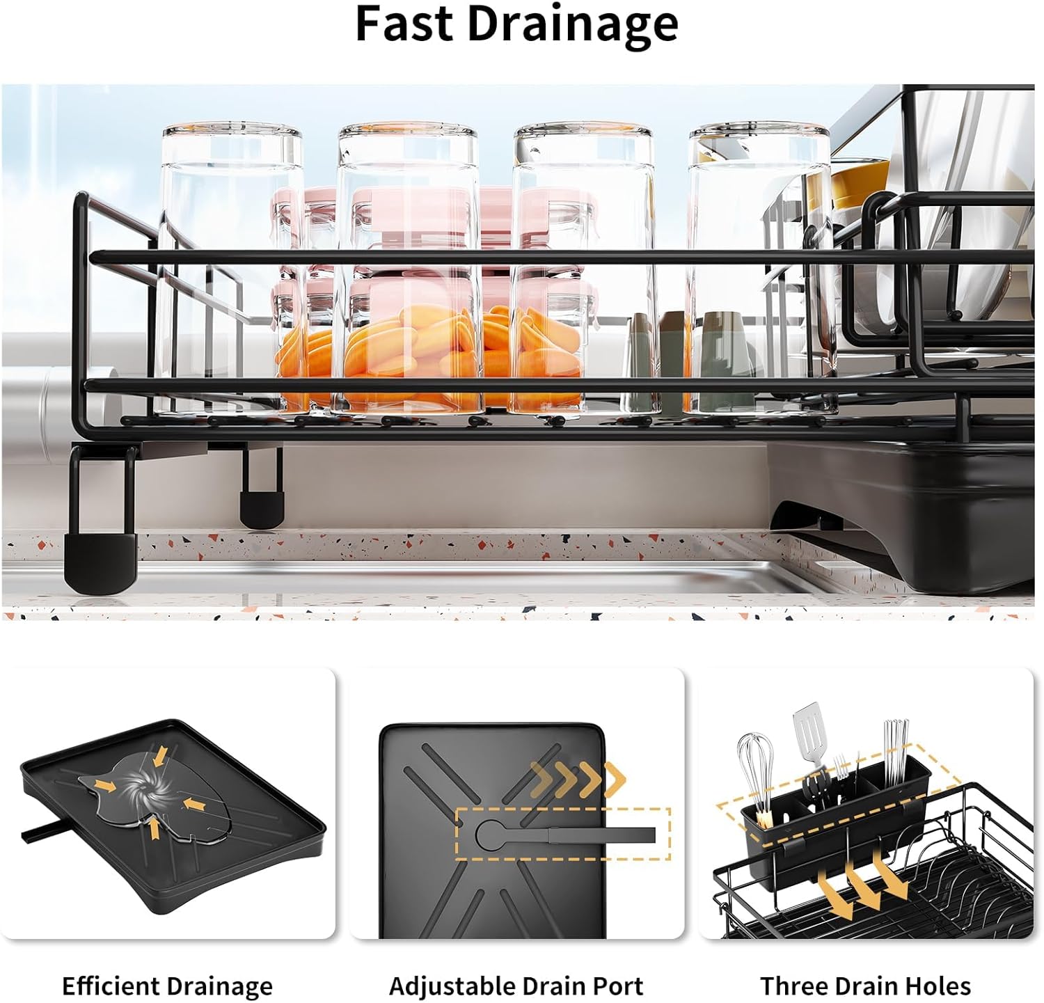 Dish Racks: CARLA HOME Expandable Dish Drying Rack with Drainage Spout, Utensil Holder & Drainboardfor Kitchen Countertop Organizer (2 tier)