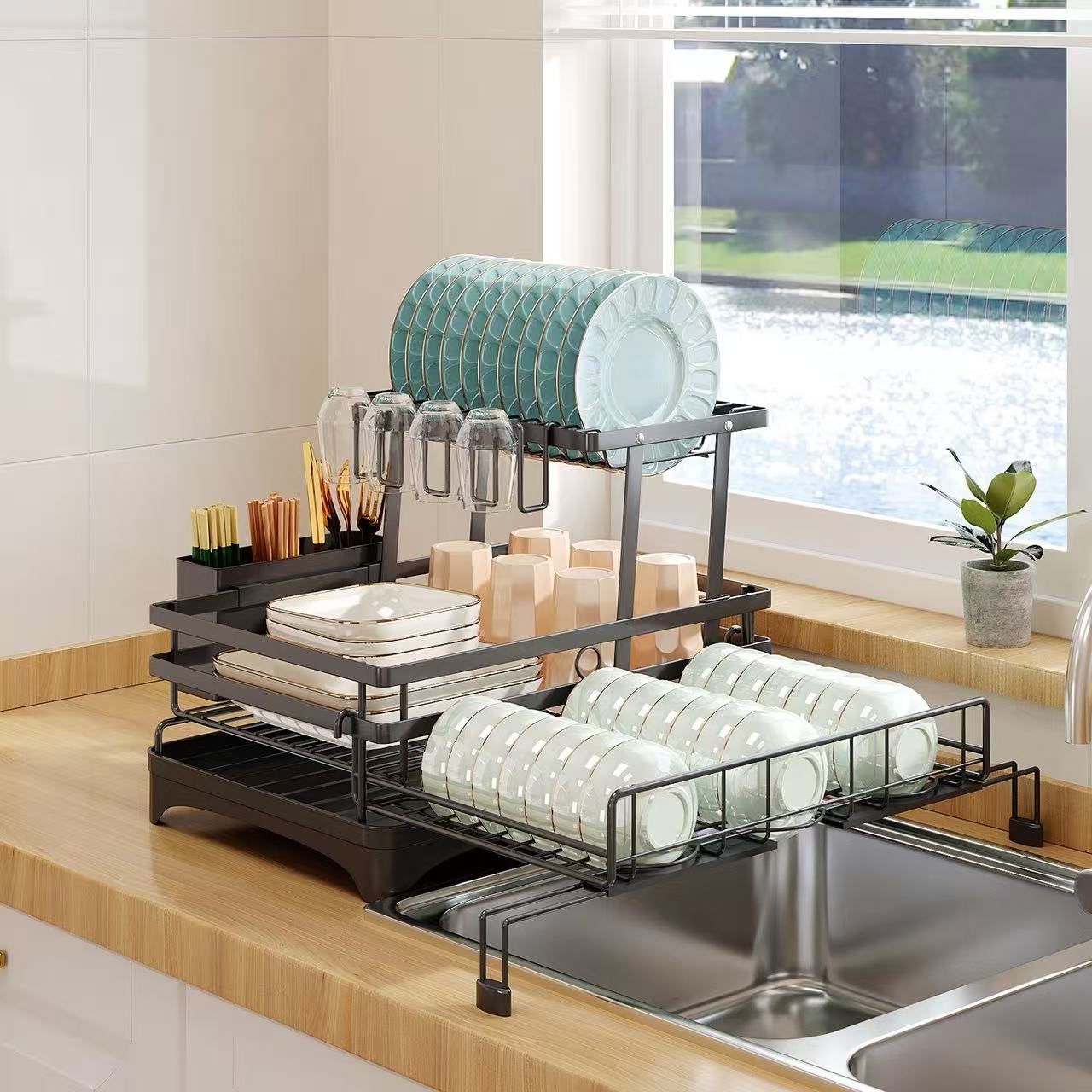 Dish Racks: CARLA HOME Expandable Dish Drying Rack with Drainage Spout, Utensil Holder & Drainboardfor Kitchen Countertop Organizer (2 tier)