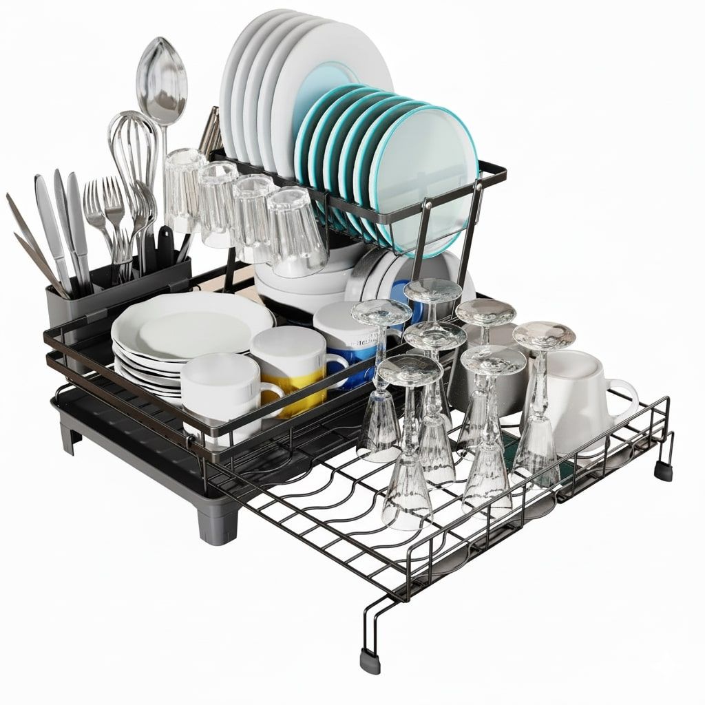 Dish Racks: CARLA HOME Expandable Dish Drying Rack with Drainage Spout, Utensil Holder & Drainboardfor Kitchen Countertop Organizer (2 tier)