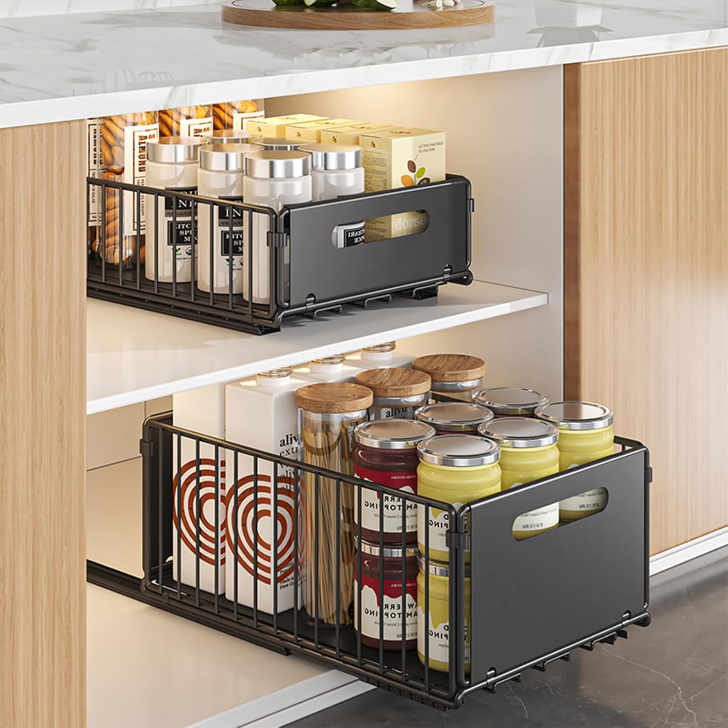 Pull Out Bins: CARLA HOME 2 Pack Pullout Cabinet Kitchen Organizer Drawers with No-Drilling and Adhesive Design for Pantry & Cabinets