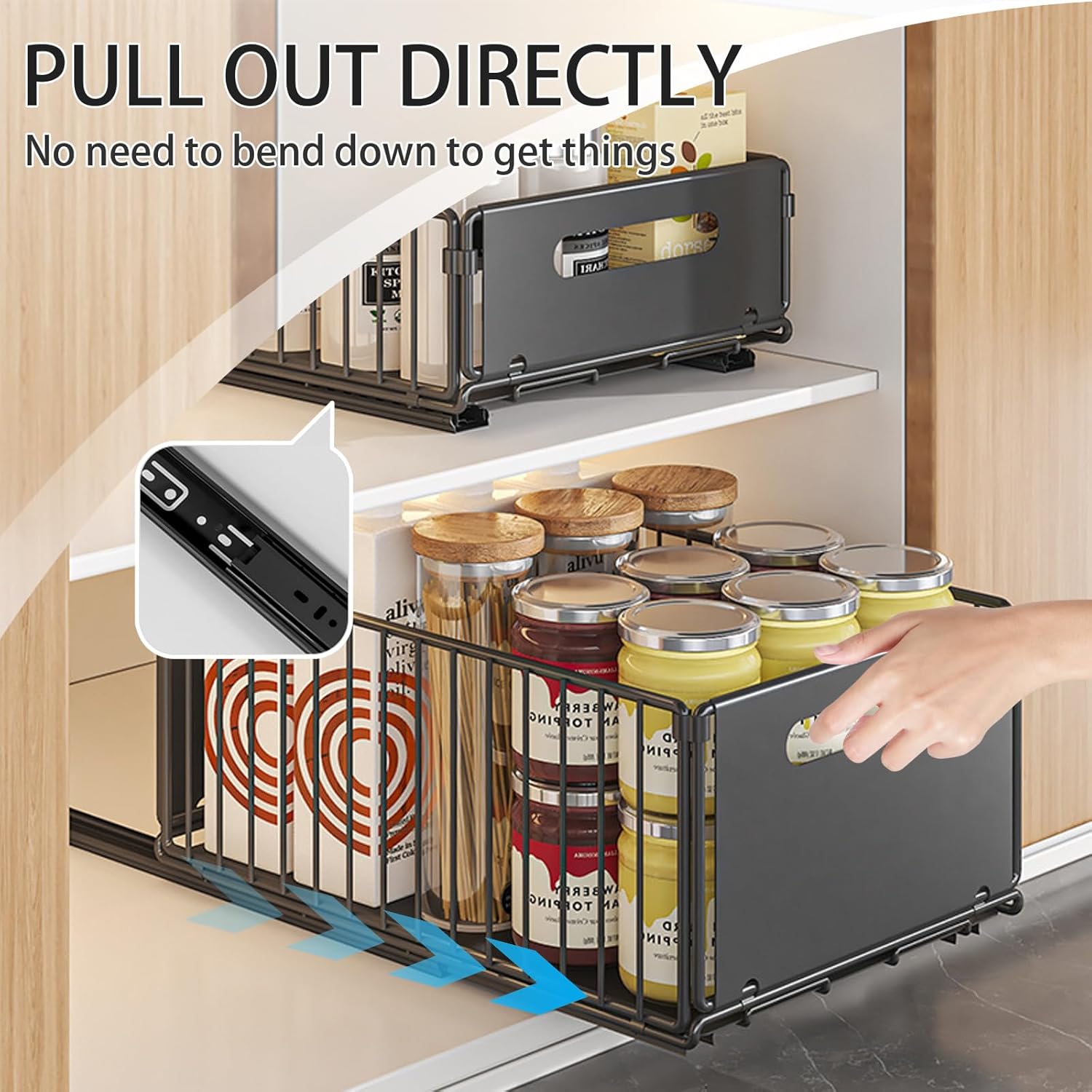 Pull Out Bins: CARLA HOME 2 Pack Pullout Cabinet Kitchen Organizer Drawers with No-Drilling and Adhesive Design for Pantry & Cabinets