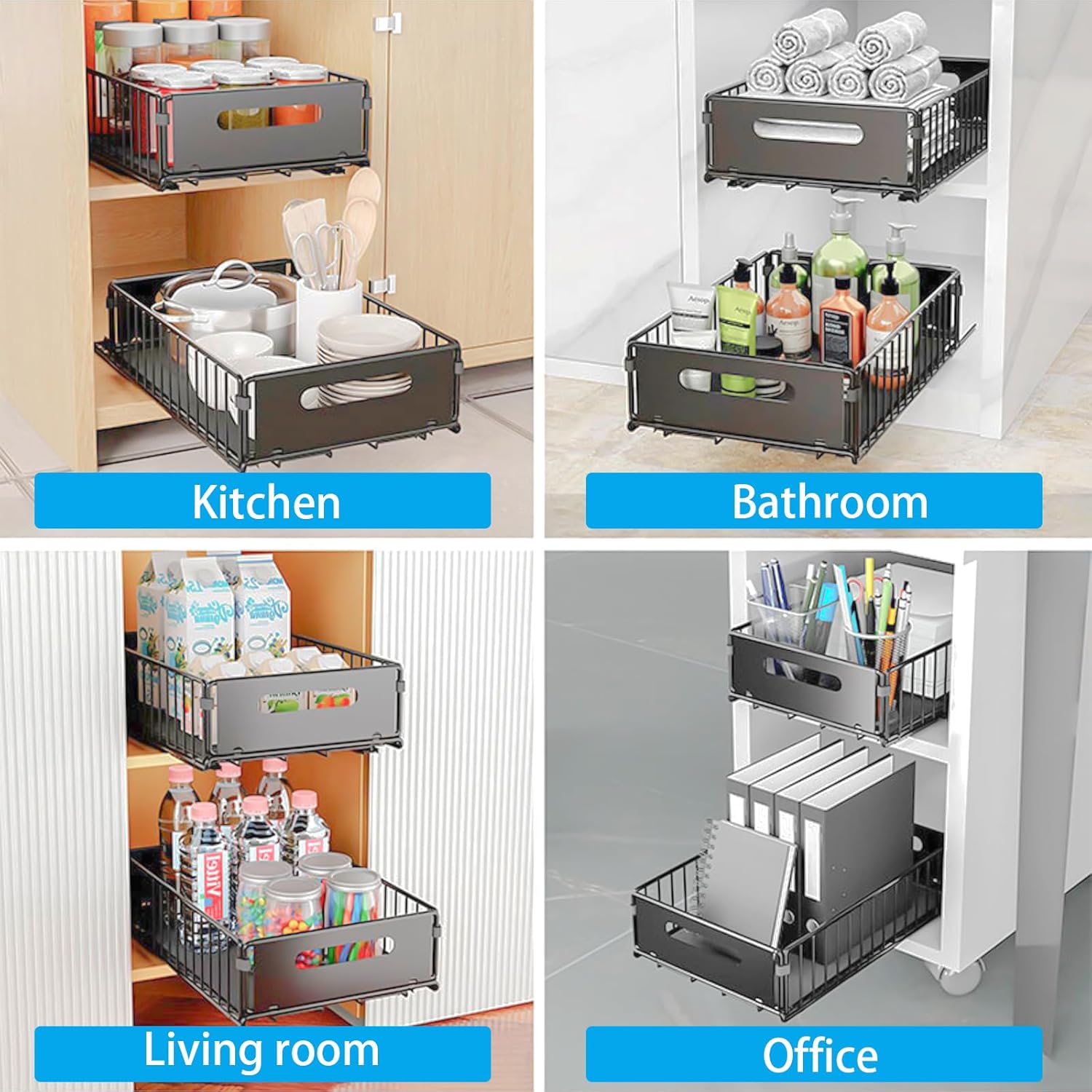 Pull Out Bins: CARLA HOME 2 Pack Pullout Cabinet Kitchen Organizer Drawers with No-Drilling and Adhesive Design for Pantry & Cabinets
