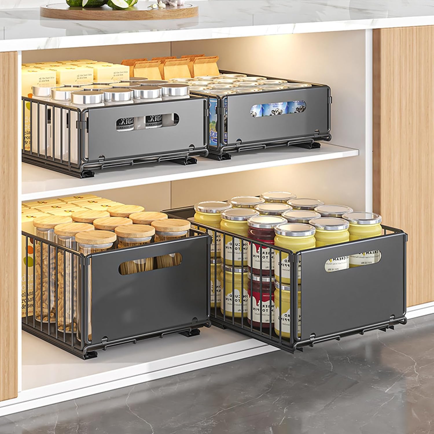 Pull Out Bins: CARLA HOME 2 Pack Pullout Cabinet Kitchen Organizer Drawers with No-Drilling and Adhesive Design for Pantry & Cabinets