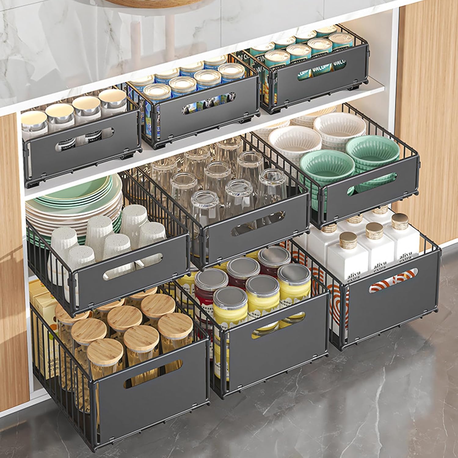 Pull Out Bins: CARLA HOME 2 Pack Pullout Cabinet Kitchen Organizer Drawers with No-Drilling and Adhesive Design for Pantry & Cabinets