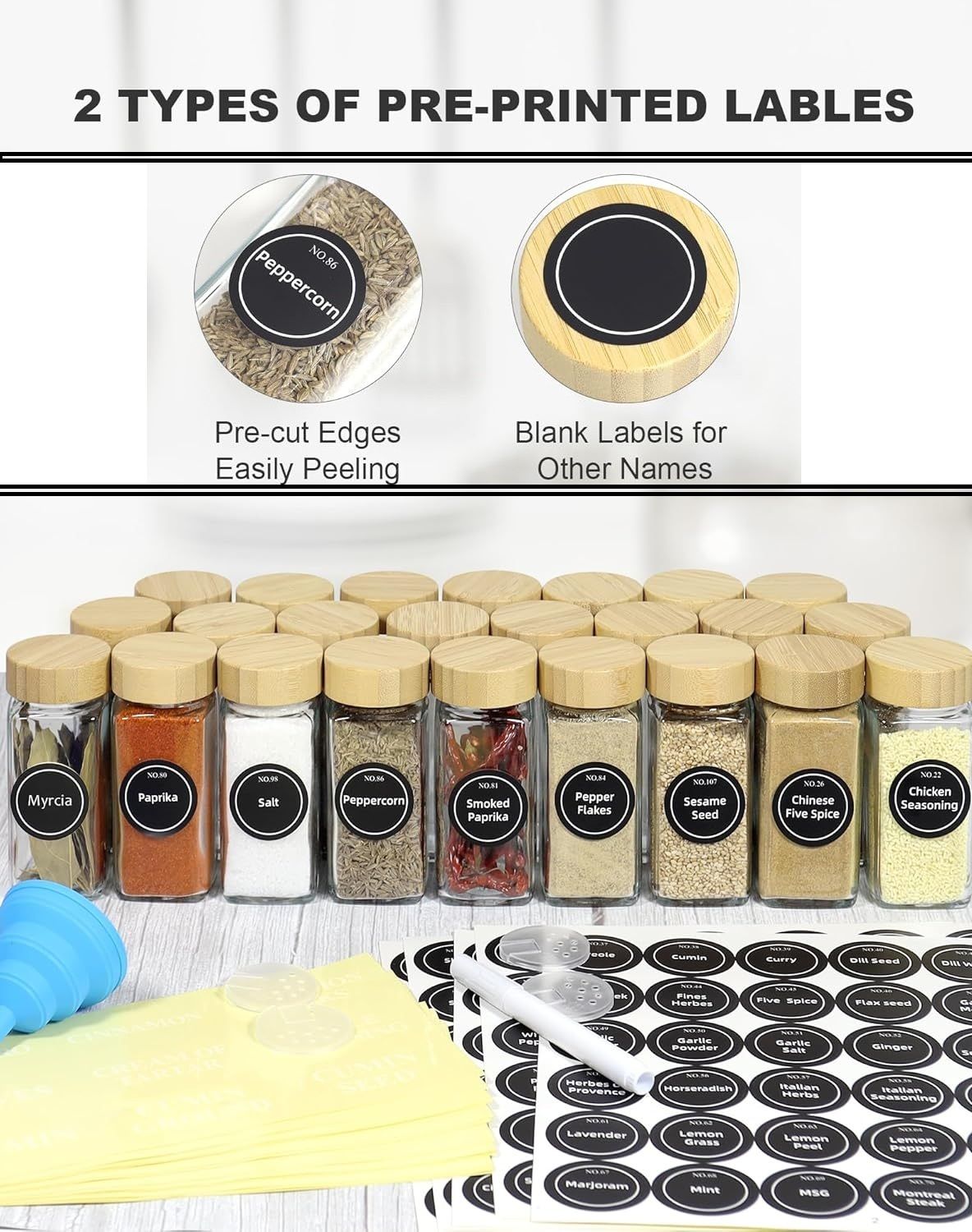 CARLA HOME 24 Glass Spice Jars with Bamboo Lids, Shaker Tops, 180 Spice Labels, White Pen & Funnel for Kitchen Organization, Spice Rack, Seasoning & Herb Storage