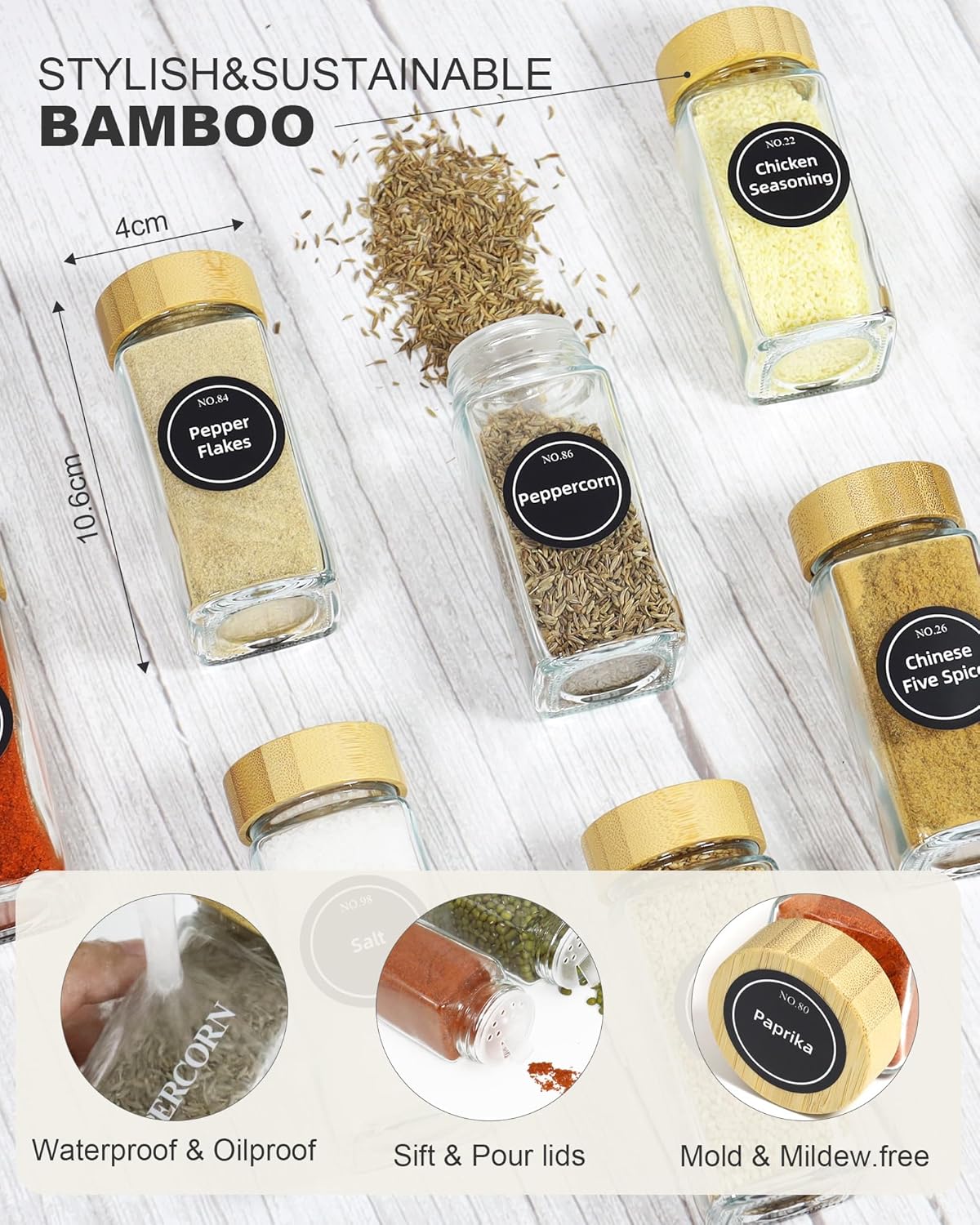 CARLA HOME 24 Glass Spice Jars with Bamboo Lids, Shaker Tops, 180 Spice Labels, White Pen & Funnel for Kitchen Organization, Spice Rack, Seasoning & Herb Storage