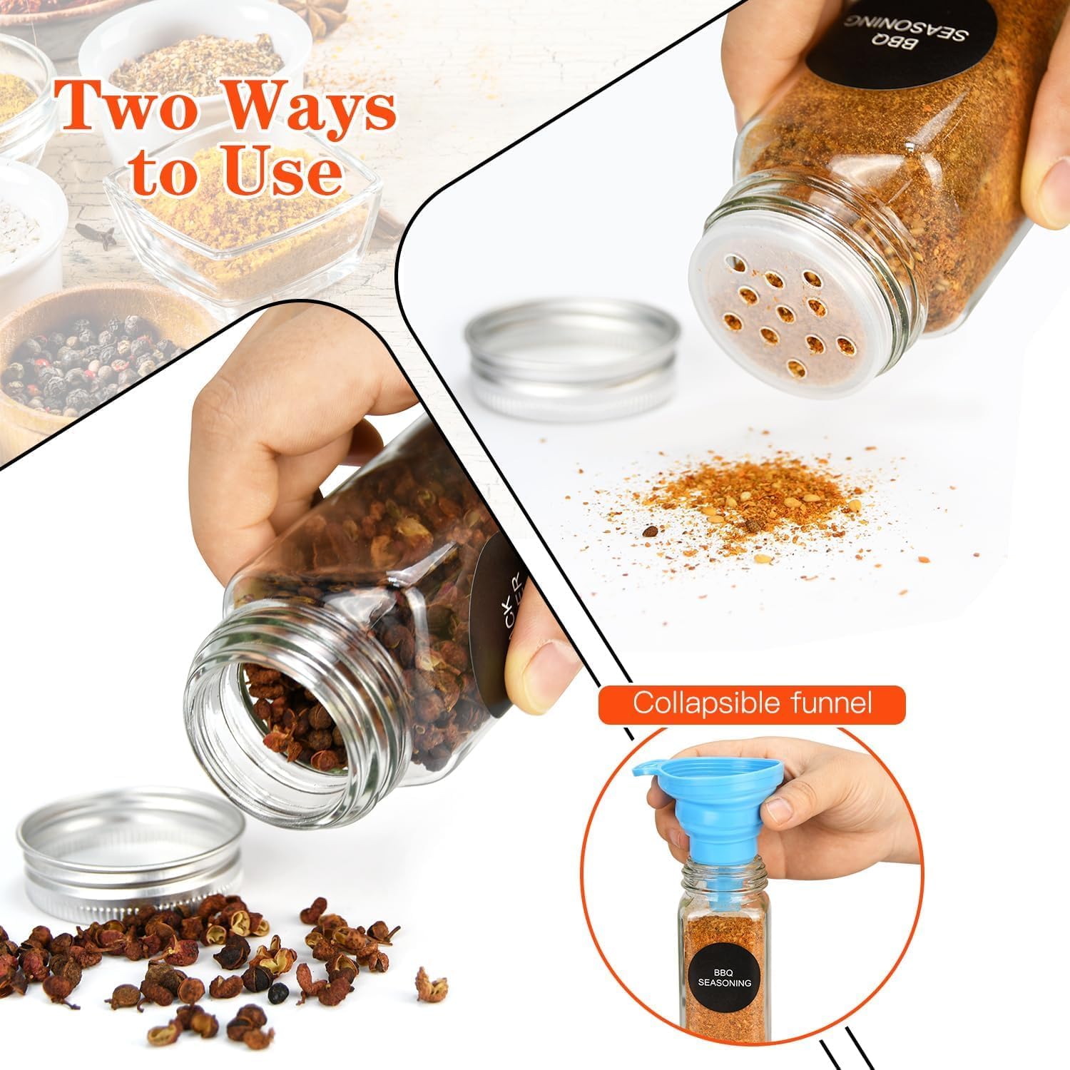 CARLA HOME 24 Glass Spice Jars with Lids, Shaker Tops, 180 Spice Labels, White Pen & Funnel for Kitchen Organization, Spice Rack, Seasoning & Herb Storage