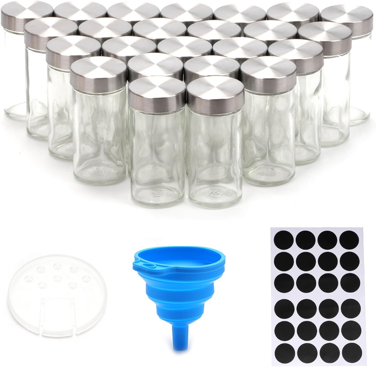 CARLA HOME 24 Glass Spice Jars with Lids, Shaker Tops, 180 Spice Labels, White Pen & Funnel for Kitchen Organization, Spice Rack, Seasoning & Herb Storage