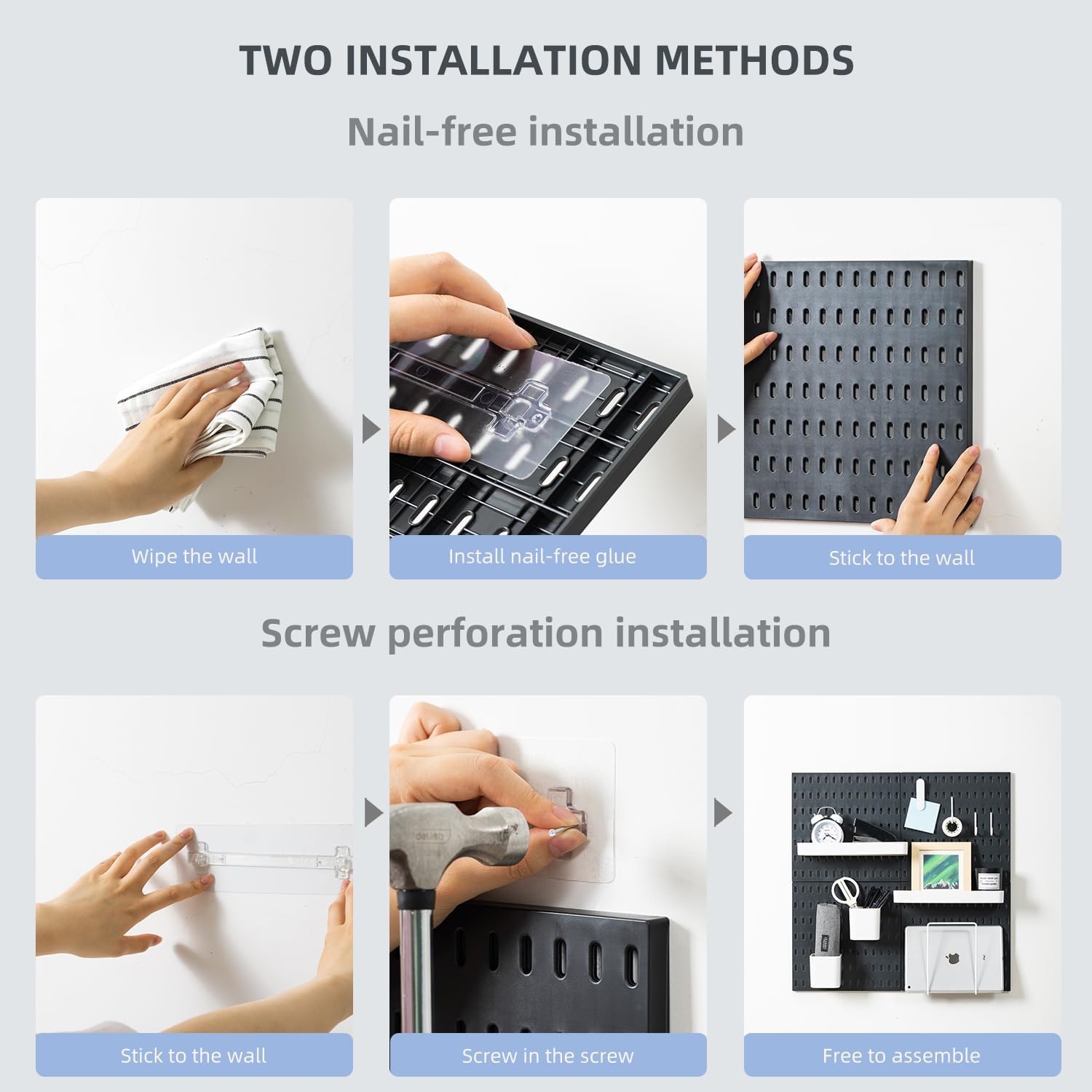 Wall Storage Racks: CARLA HOME Pegboard Wall Organizer Kit  2 Black Modular Pegboards with 10 Accessories for Office, Gaming & Home Storage