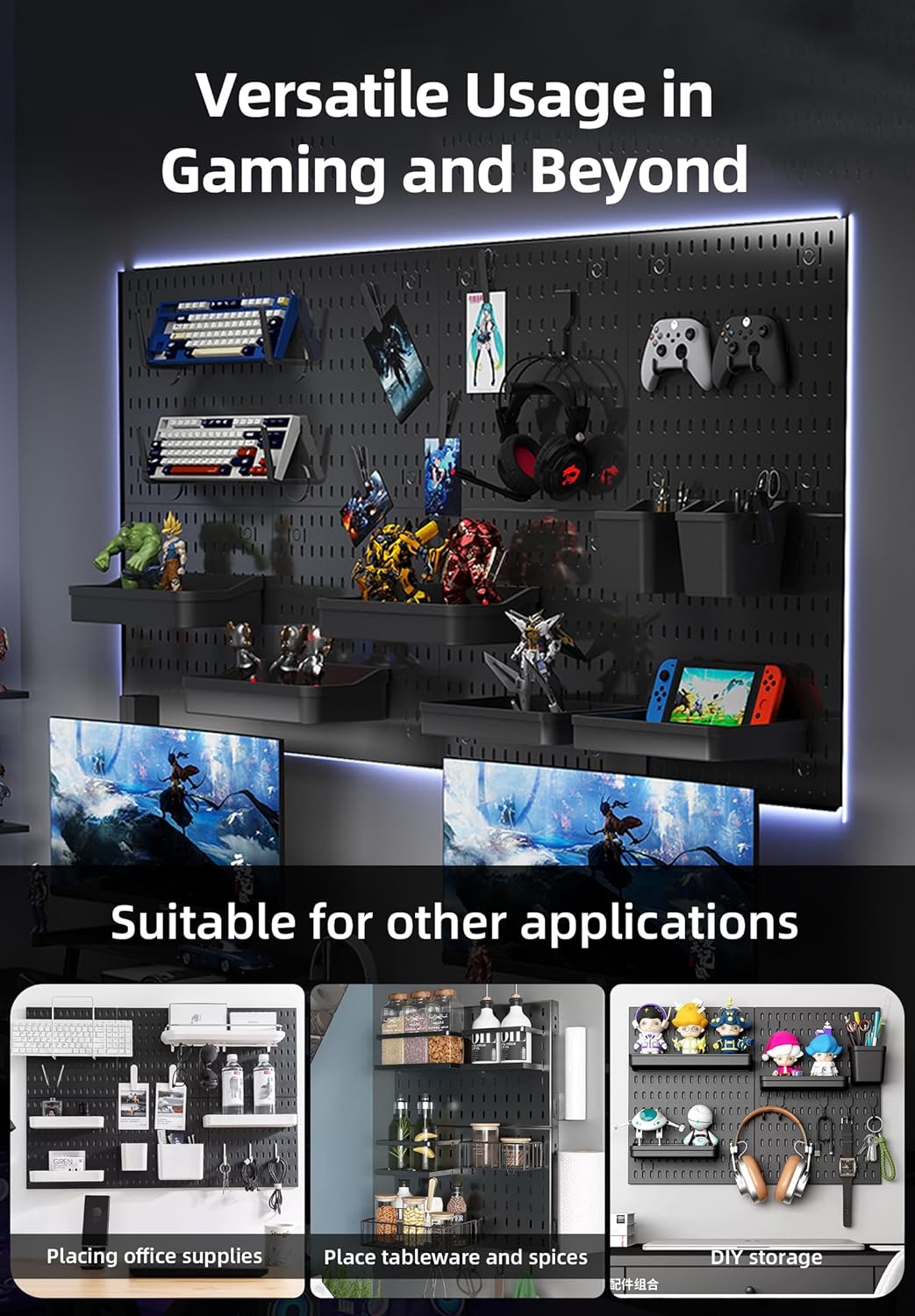 CARLA HOME Pegboard Wall Organizer Kit with 3 Modular Black Panels & 17 Accessories for Gaming, Office & Craft Storage
