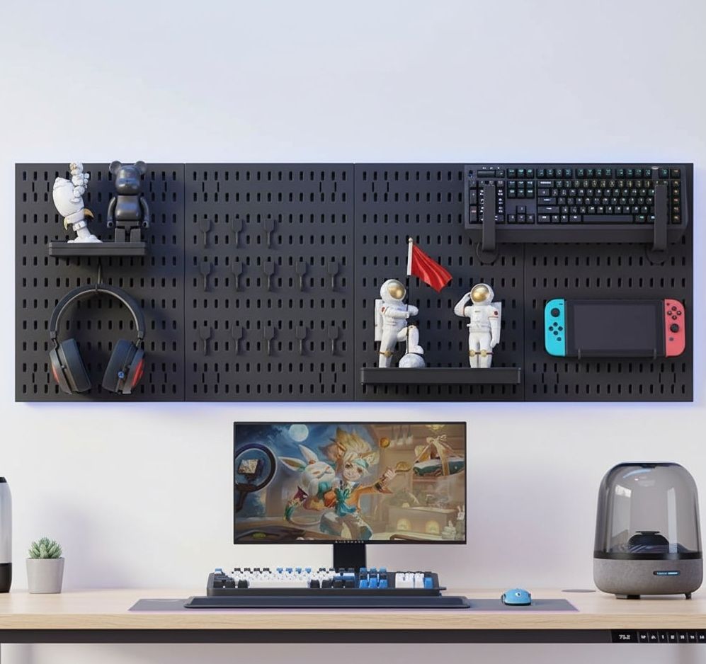 Wall Storage Racks: CARLA HOME Pegboard Wall Organizer Kit with 4 Modular Black Pegboards & 19 Accessories for Gaming, Office & Craft Storage (Black)