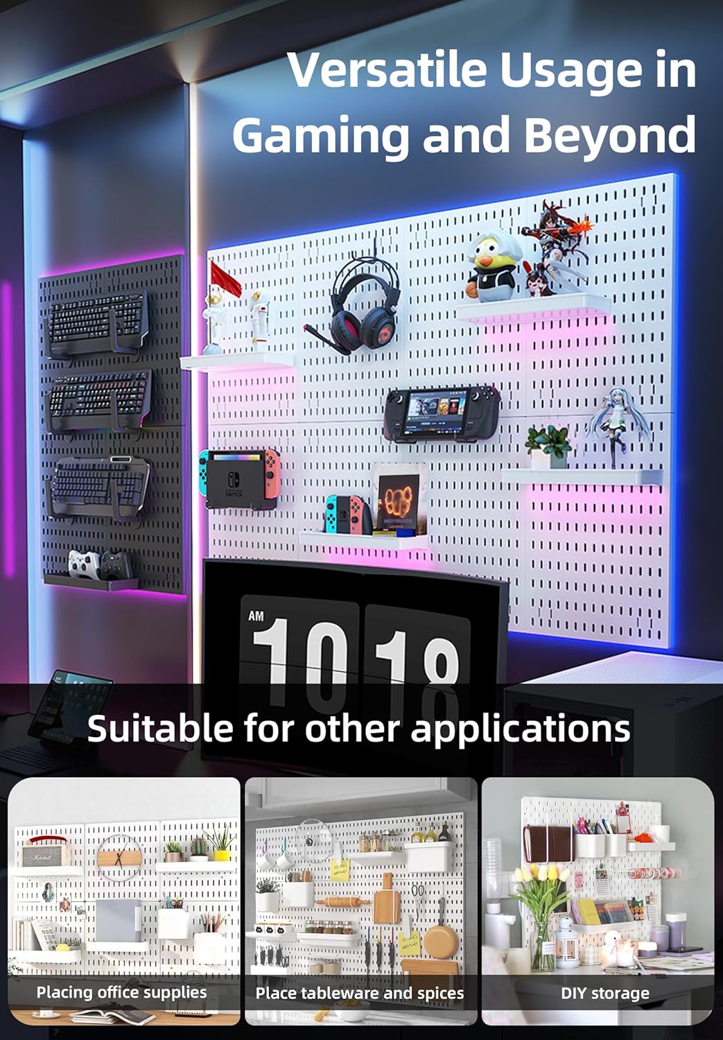 Wall Storage Racks: CARLA HOME Pegboard Wall Organizer Kit with 4 Modular Black Pegboards & 19 Accessories for Gaming, Office & Craft Storage (White)