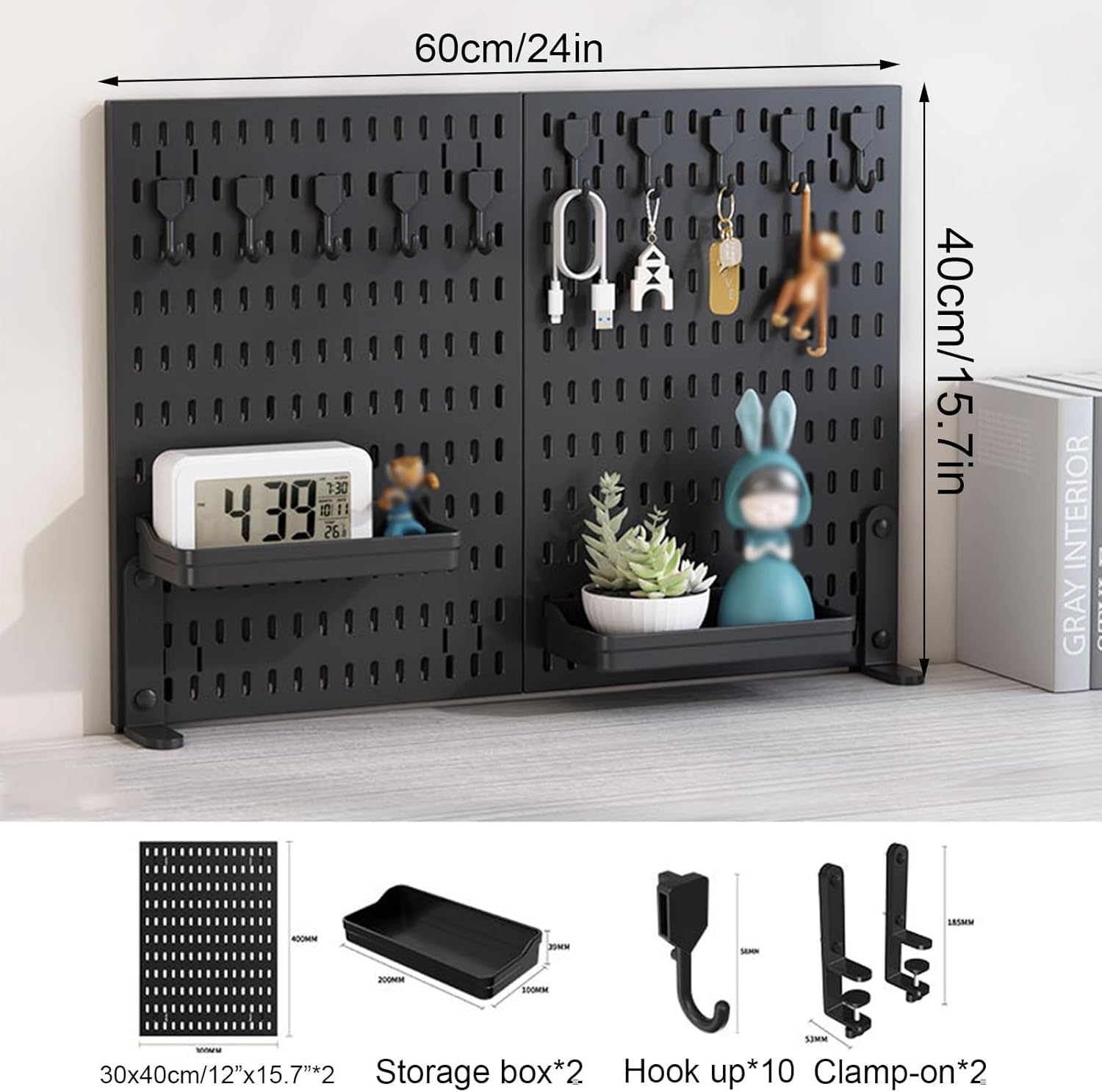 Desk Accessories: CARLA HOME 2 Pack Desk Pegboard Organizer Kit  with Hooks, Tray & Mount Ideal for Office, Gaming Setup & Home Workspace Organization (Black)
