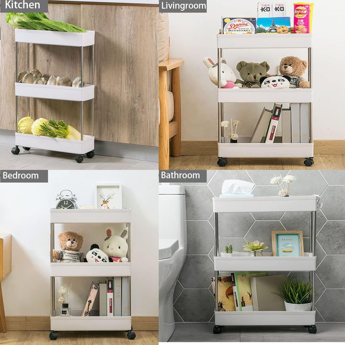 Utility Trolleys: CARLA HOME Slim Storage Cart Organizer Trolley with Wheels for Kitchen, Bathroom, Laundry & Narrow Spaces (3 tier)