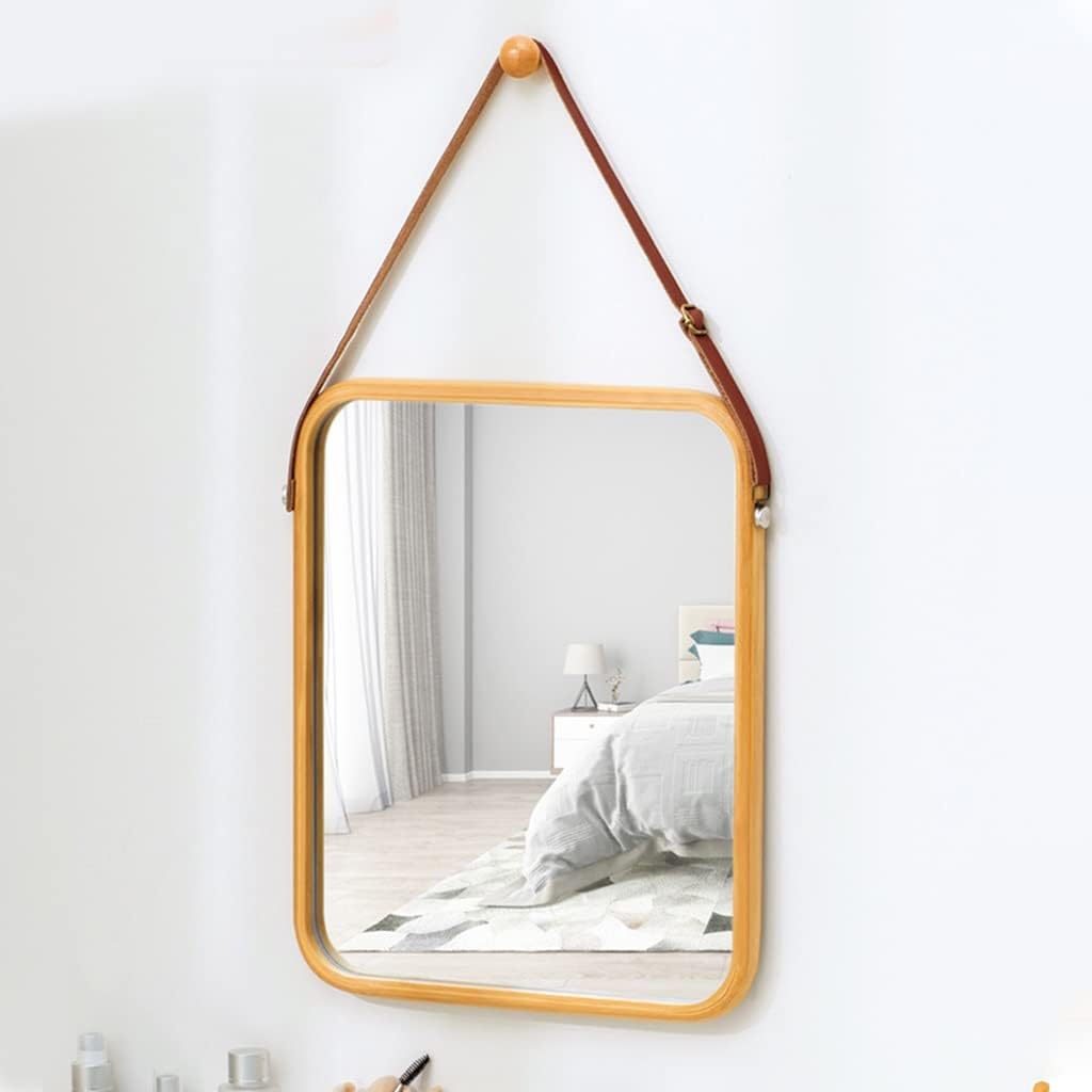 CARLA HOME Hanging Wall Mirror with Bamboo Frame with Adjustable Leather Strap for Bathroom, Bedroom, Vanity or Entryway (40x33 cm)