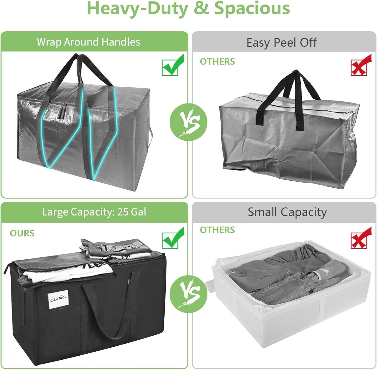 Duffel Bags: CARLA HOME 6-Pack Large Moving Storage Bags with Zippers & Handles with 95 Liters Capacity for Space Saving, Travel, Camping & Organization (Black)