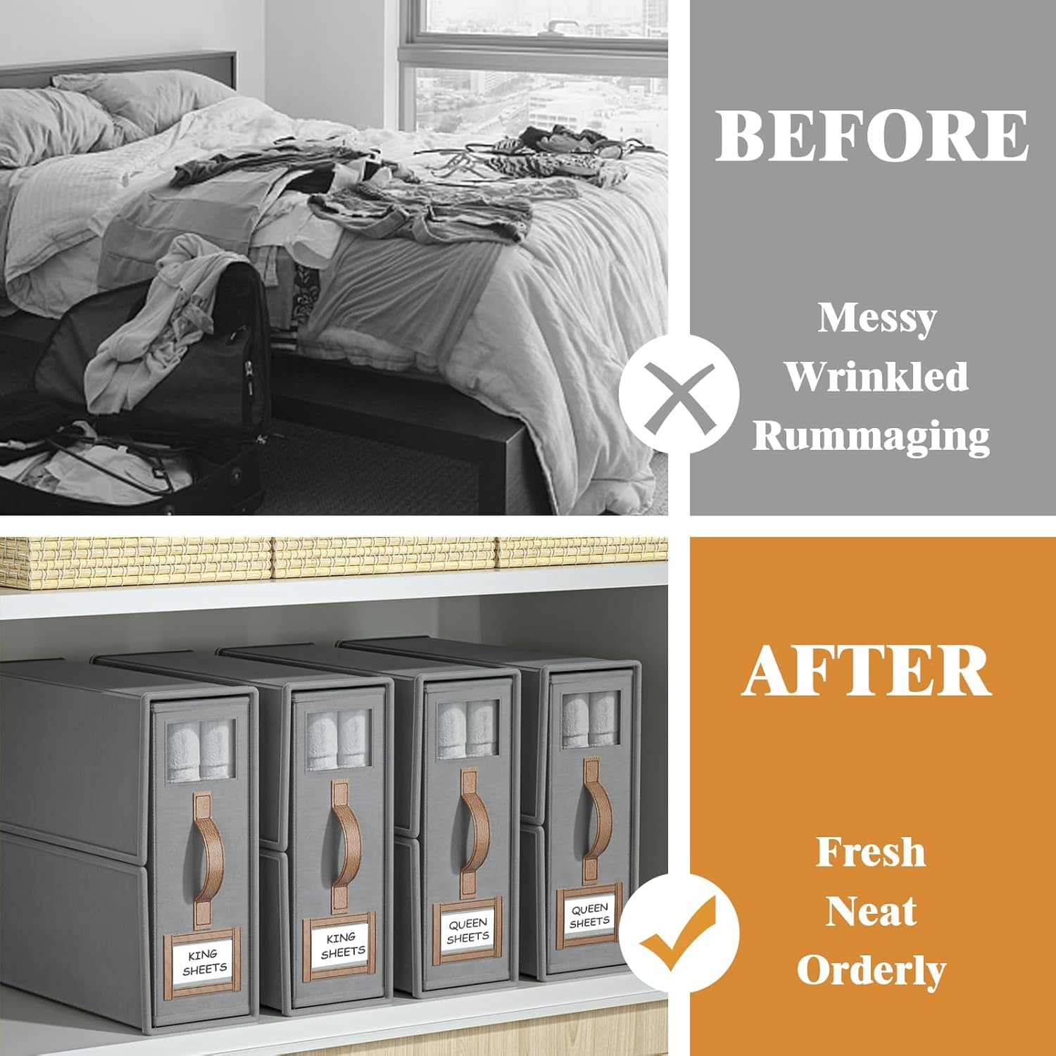 Pillowcases: CARLA HOME Bed Sheet Organizer Set of 4 with Handle & Window for Covers, Pillowcases, Blankets, Clothes & Sheets (Grey)