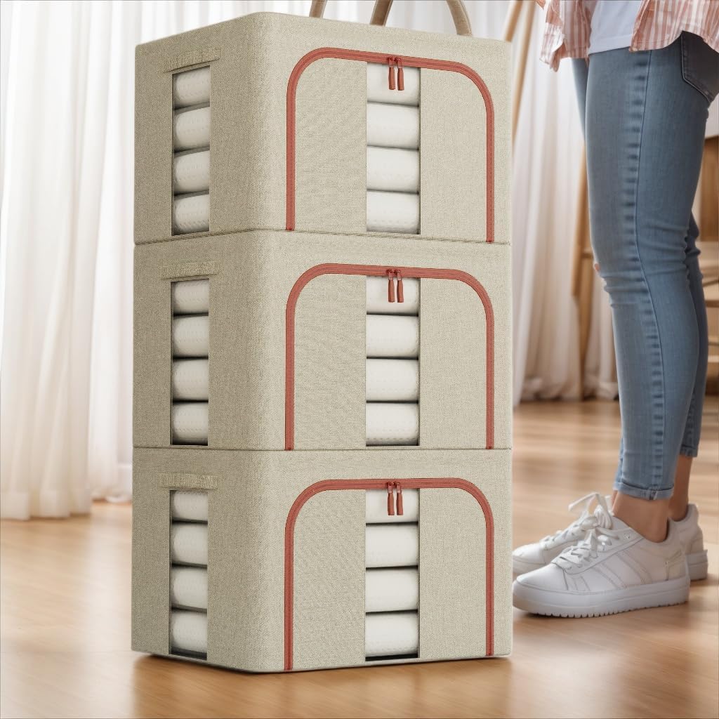 CARLA HOME 3 pack Large Clothes Storage Bins with Lids for Clothing, Bedding, Blankets, Toys (66L capacity - Beige)