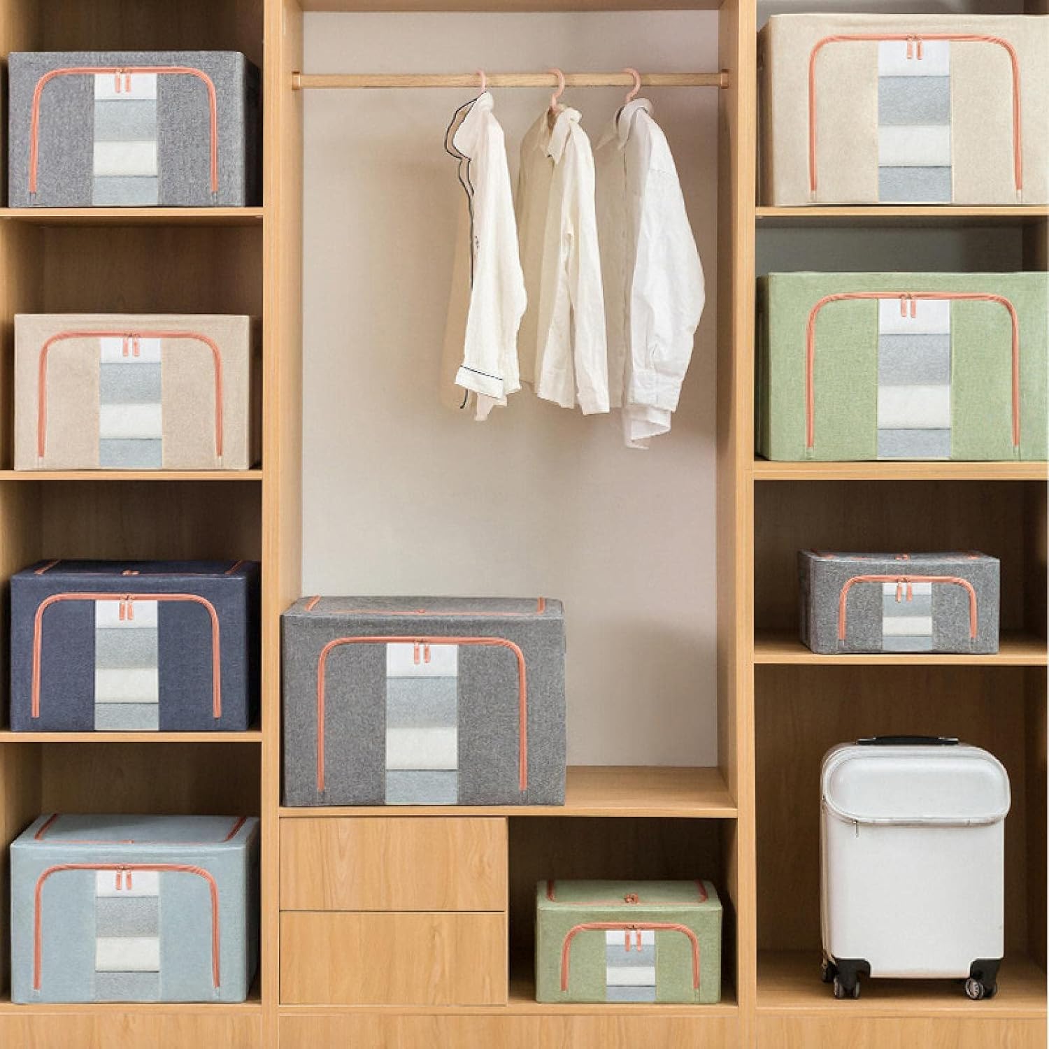 CARLA HOME 3 pack Large Clothes Storage Bins with Lids for Clothing, Bedding, Blankets, Toys (66L capacity - Beige)