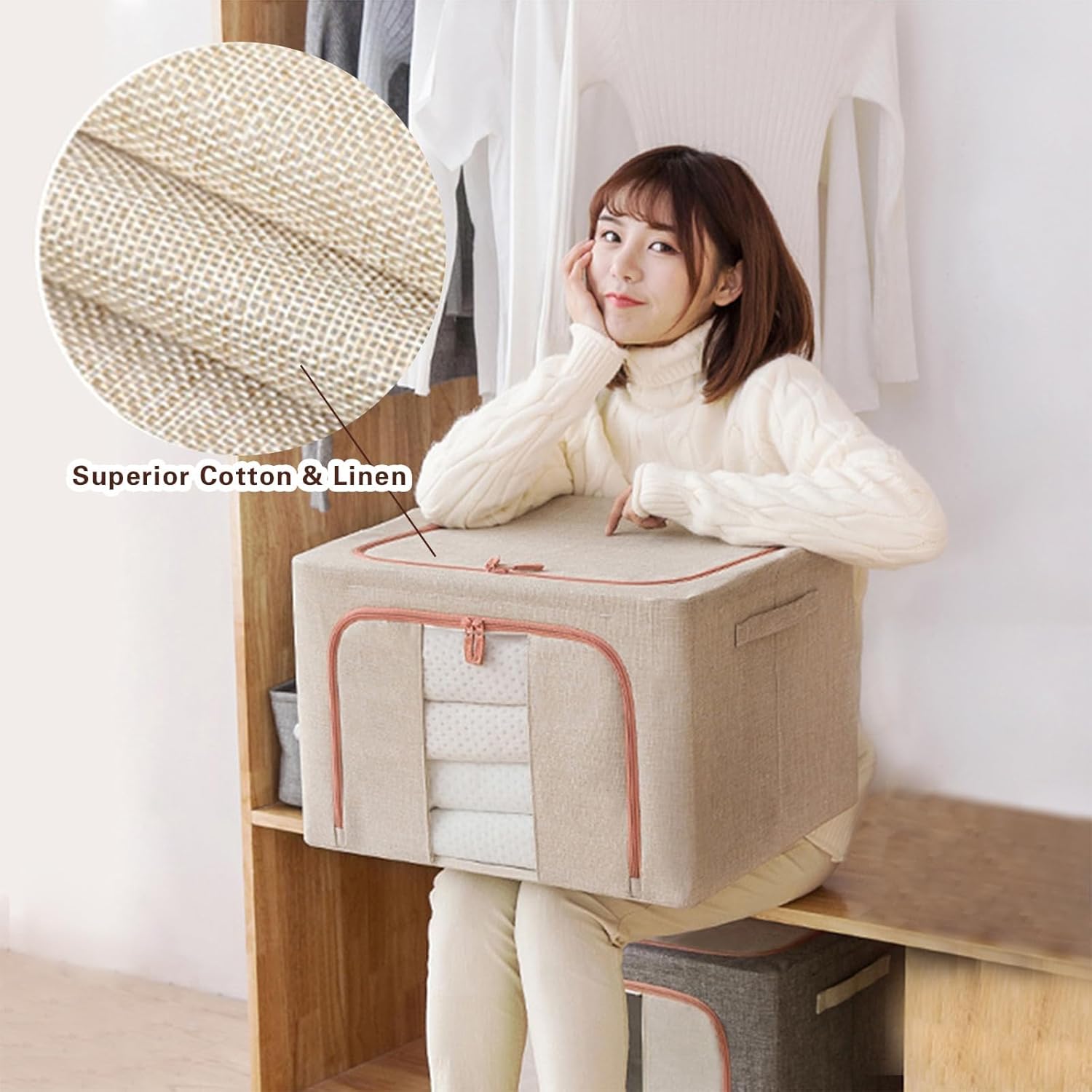 CARLA HOME 3 pack Large Clothes Storage Bins with Lids for Clothing, Bedding, Blankets, Toys (66L capacity - Beige)
