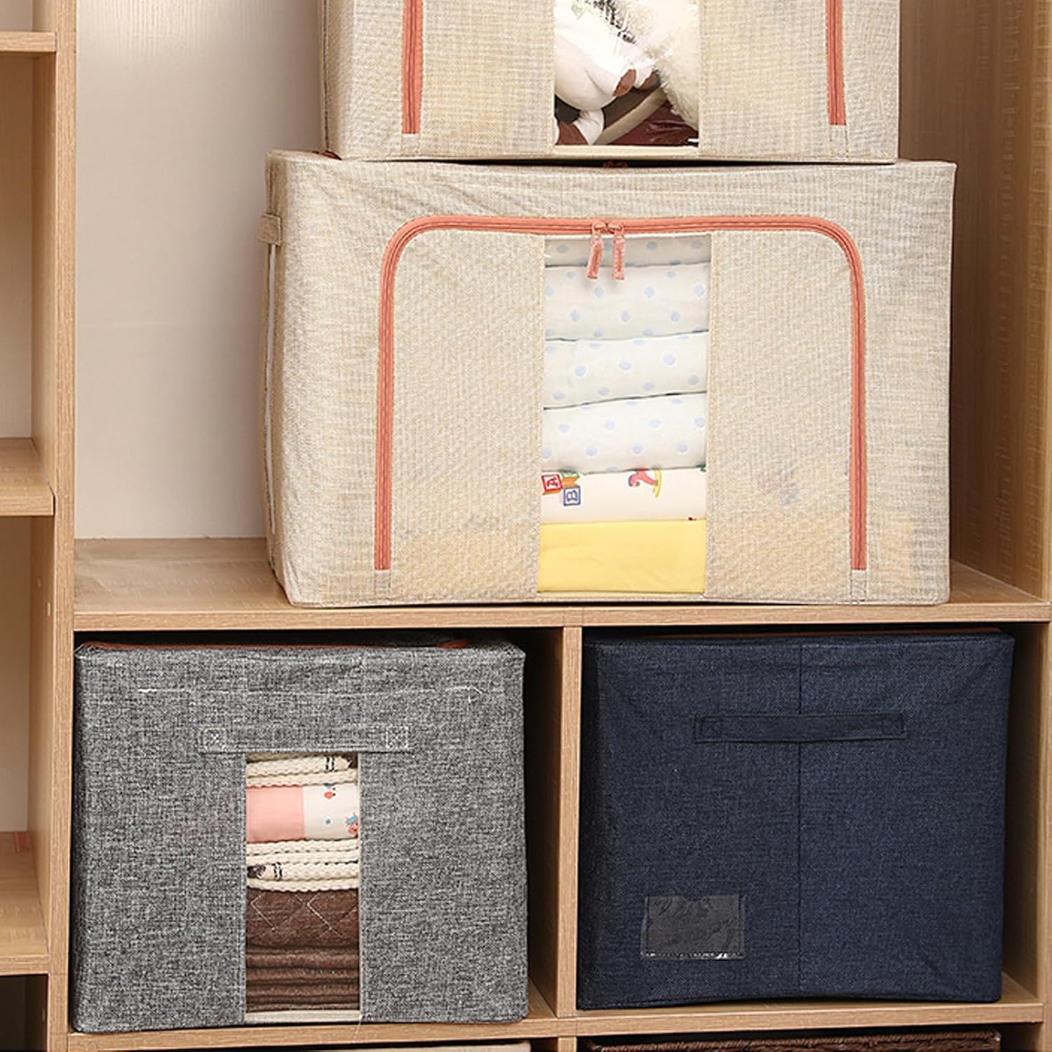 CARLA HOME 3 pack Large Clothes Storage Bins with Lids for Clothing, Bedding, Blankets, Toys (66L capacity - Beige)
