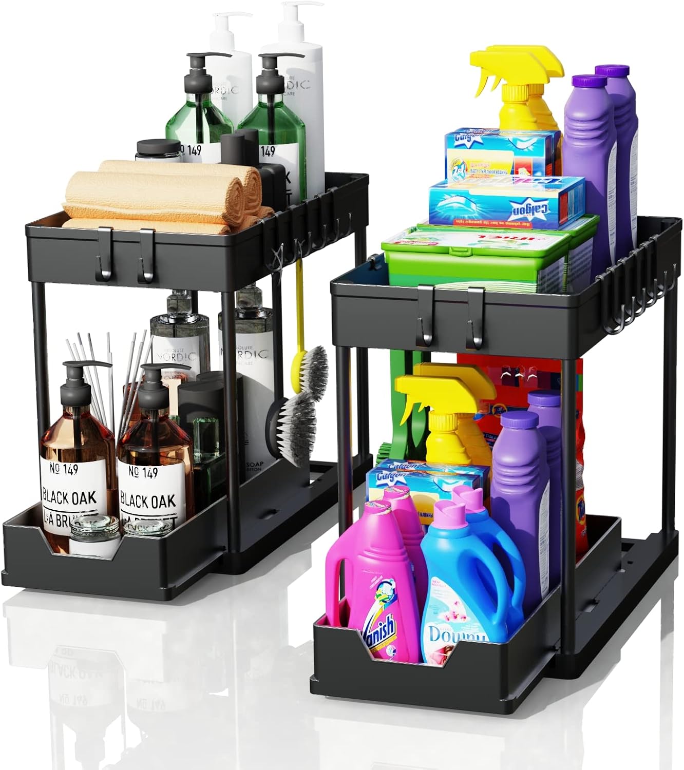 Tap & Sink Accessories: CARLA HOME 2 Pack Under Sink Organizer with Pull-Out Basket and Hooks for Bathroom & Kitchen
