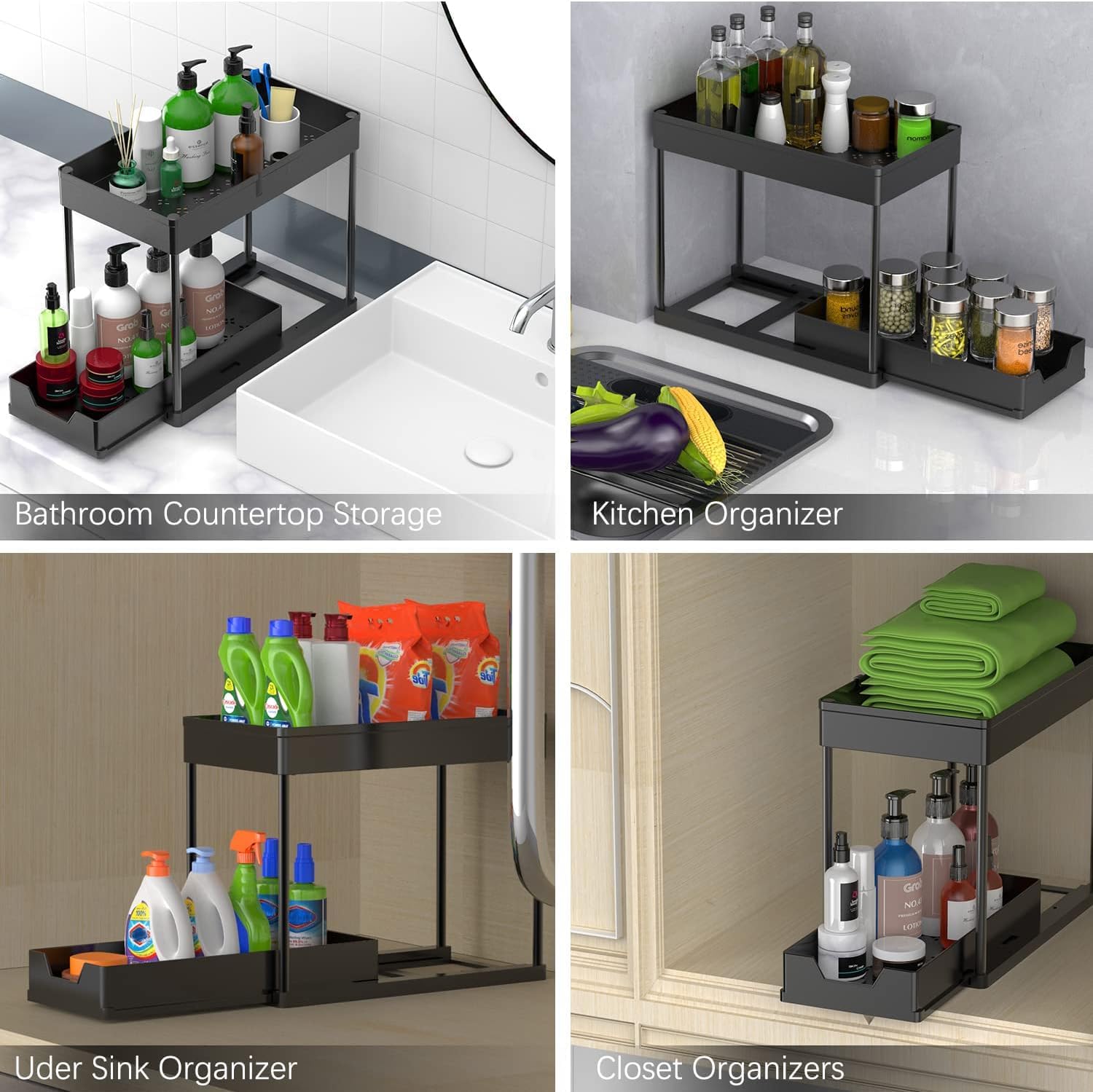 Tap & Sink Accessories: CARLA HOME 2 Pack Under Sink Organizer with Pull-Out Basket and Hooks for Bathroom & Kitchen