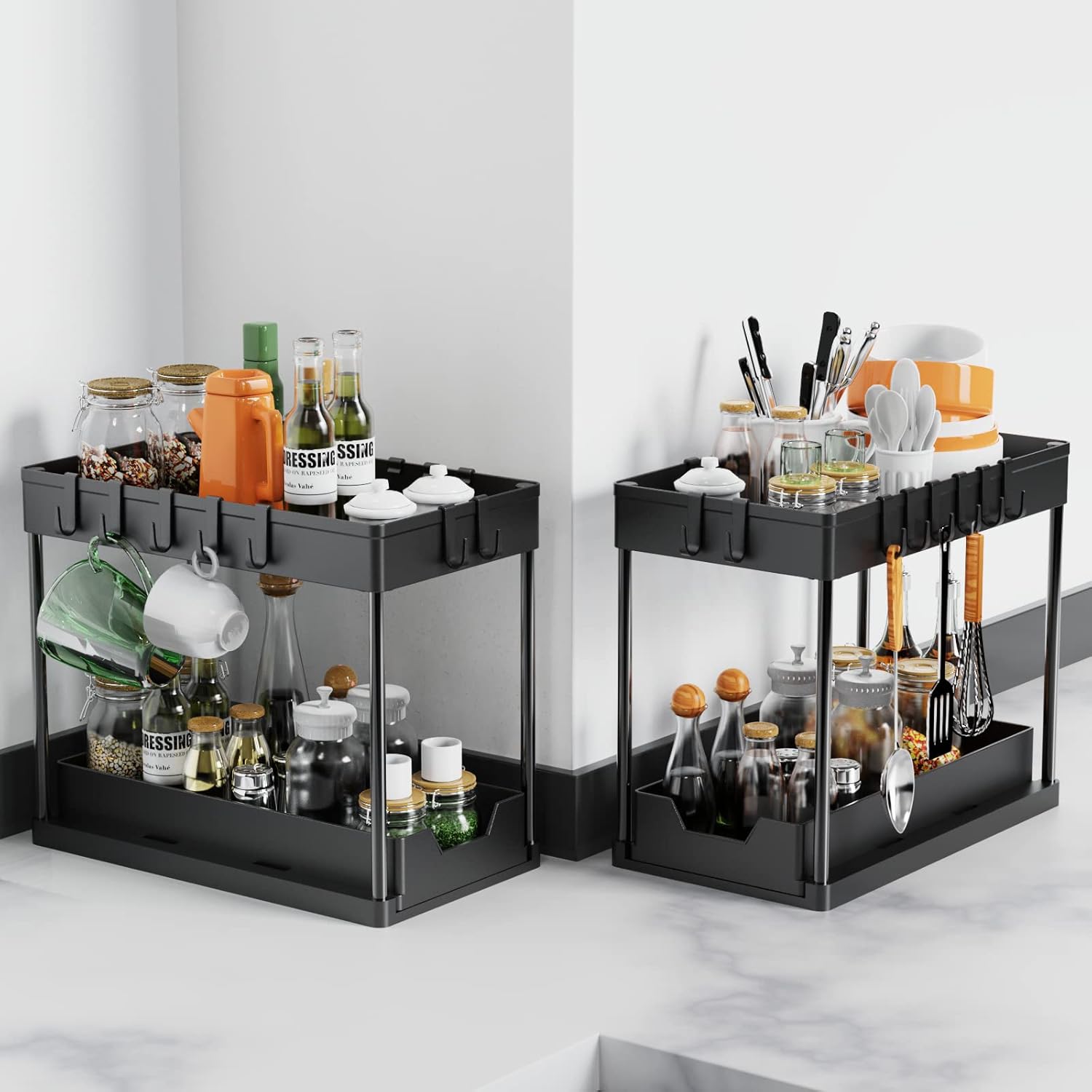 Tap & Sink Accessories: CARLA HOME 2 Pack Under Sink Organizer with Pull-Out Basket and Hooks for Bathroom & Kitchen