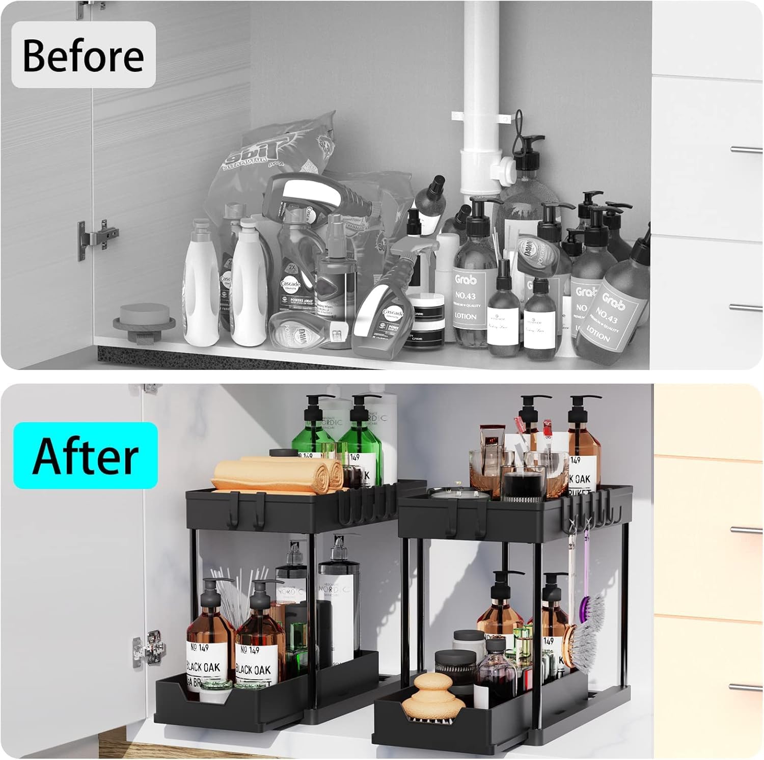 Tap & Sink Accessories: CARLA HOME 2 Pack Under Sink Organizer with Pull-Out Basket and Hooks for Bathroom & Kitchen